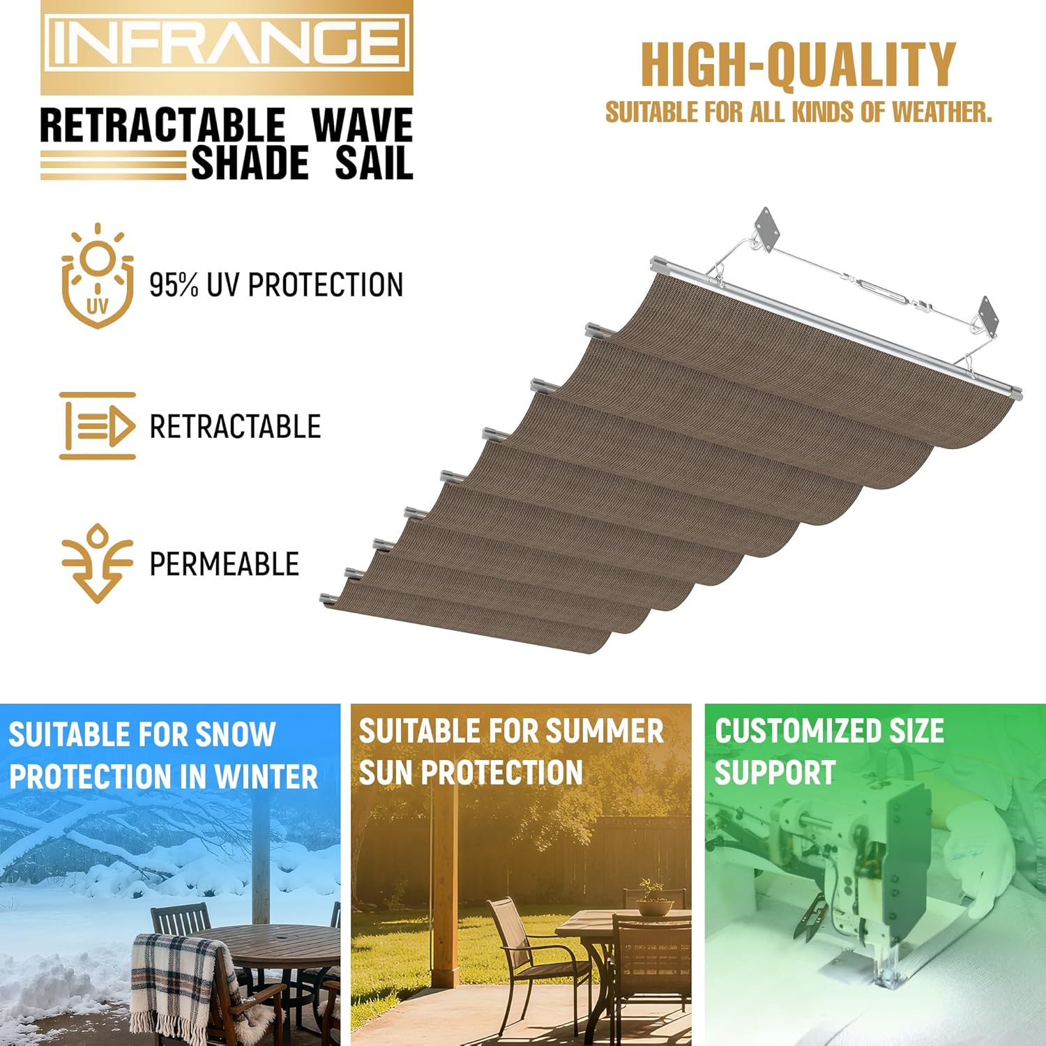 3' x 12' Retractable Wave Sun Shade Sail Outdoor Pergola Canopy Cover Shade Cloth Awning for Patio Porch Garden Backyard, Brown