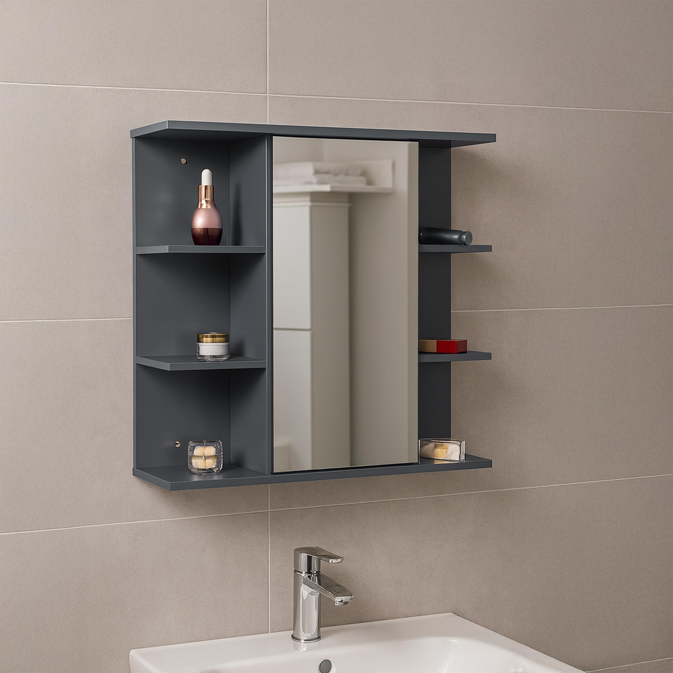 Relaxdays Armoire de Toilette, 6 étagères, 2 Compartiments, H x L x P : 64 x 62 x 21 cm, Montage Mural, Blanc