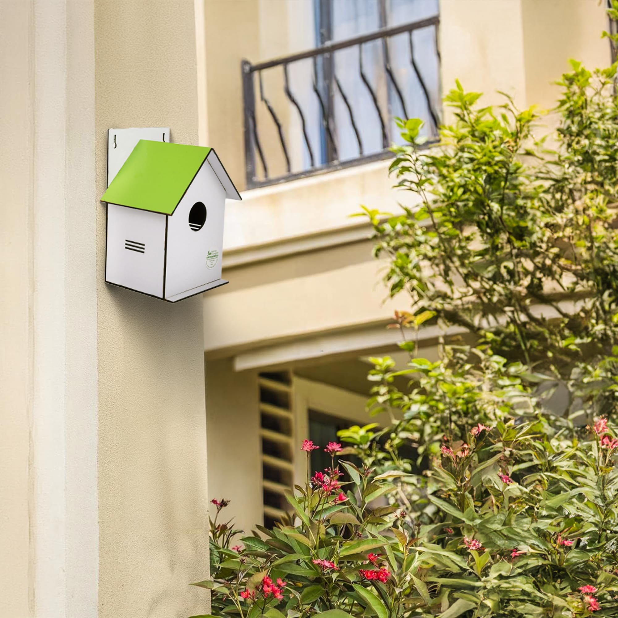 Sparrow Daughter Hut Shape MDF Bird House for House Sparrow, Love Birds, Wooden Bird Nest for Balcony & Garden Hanging, Medium Size,Light Green Color 4