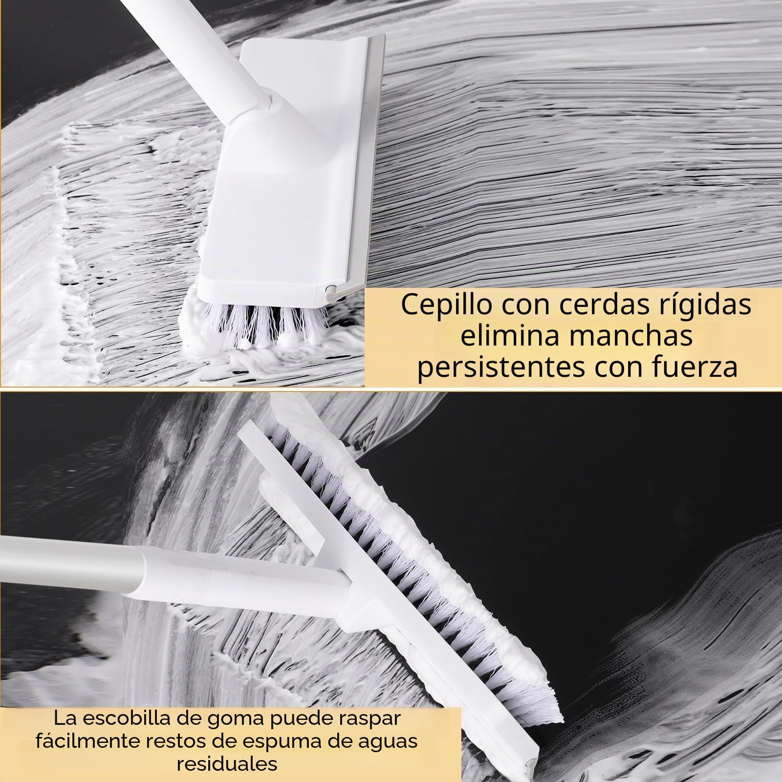 Cepillo con mango, cepillo de lavado 2 en 1 con extractor de suelo, cerdas rígidas de 9 pulgadas, cepillo de fregado con mango ajustable para limpieza en interiores, garaje, cocina, azulejos, pared