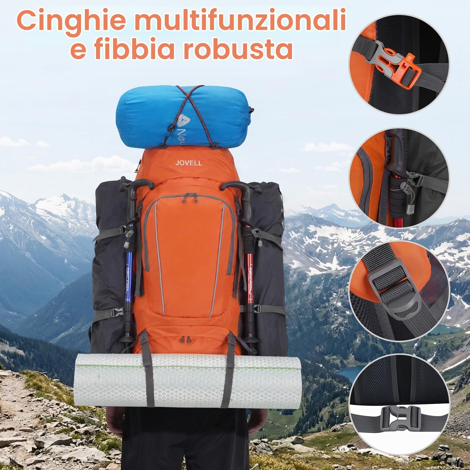 70L Zaino da Escursionismo con Copripioggia, Pacchetto da Viaggio e Campeggio per Sport all'Aria Aperta, Arrampicata, Touring ed Escursionismo, Bagaglio da Zaino per Uomini e Donne (Arancione)