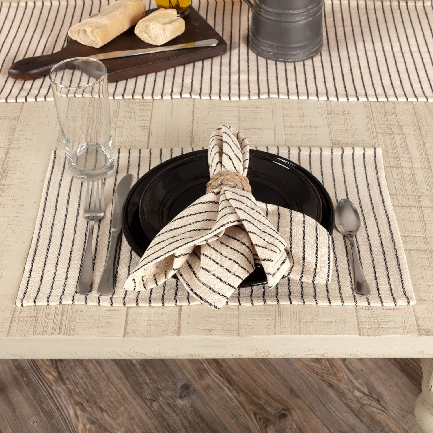 Katie's Vintage Stripe Tier Curtains, Set of 2, 24" Long, Urban Rustic Farmhouse Boho Style Café Curtain, Natural Cream w/Black Stripes