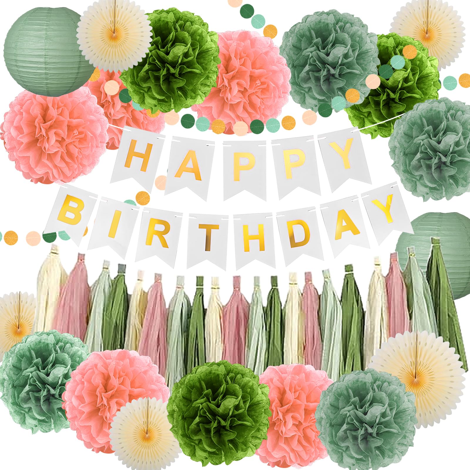 Auliuse Sage Green Olive Green Dusty Pink Beige Sage Green Peach Party Decoration Birthday Paper Flower Ball Set, Olive Tissue Paper Pom Poms With Happy Birthday Banner Tassel Garland Paper Lanterns For Bridal Baby Shower Wedding Engagement Party