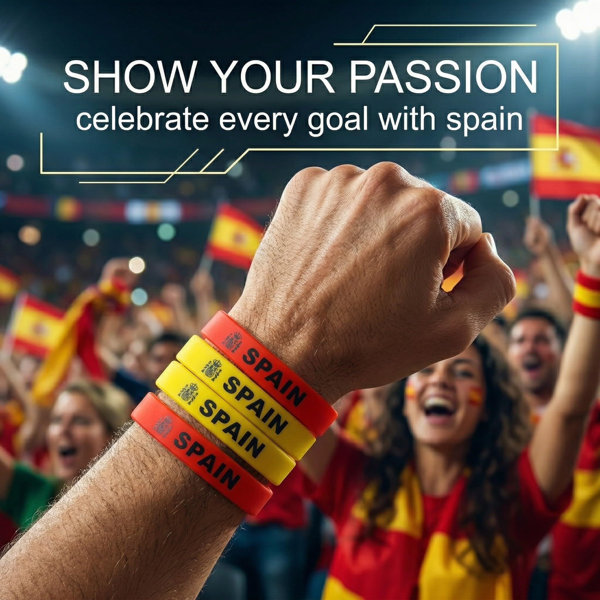 8 piezas Pulseras de silicona, Brazaletes con diseño de bandera, pulsera bandera españa para hombres y mujeres, ideales para la Copa Mundial 2026 (Colores bandera de España: Rojo y Amarillo)