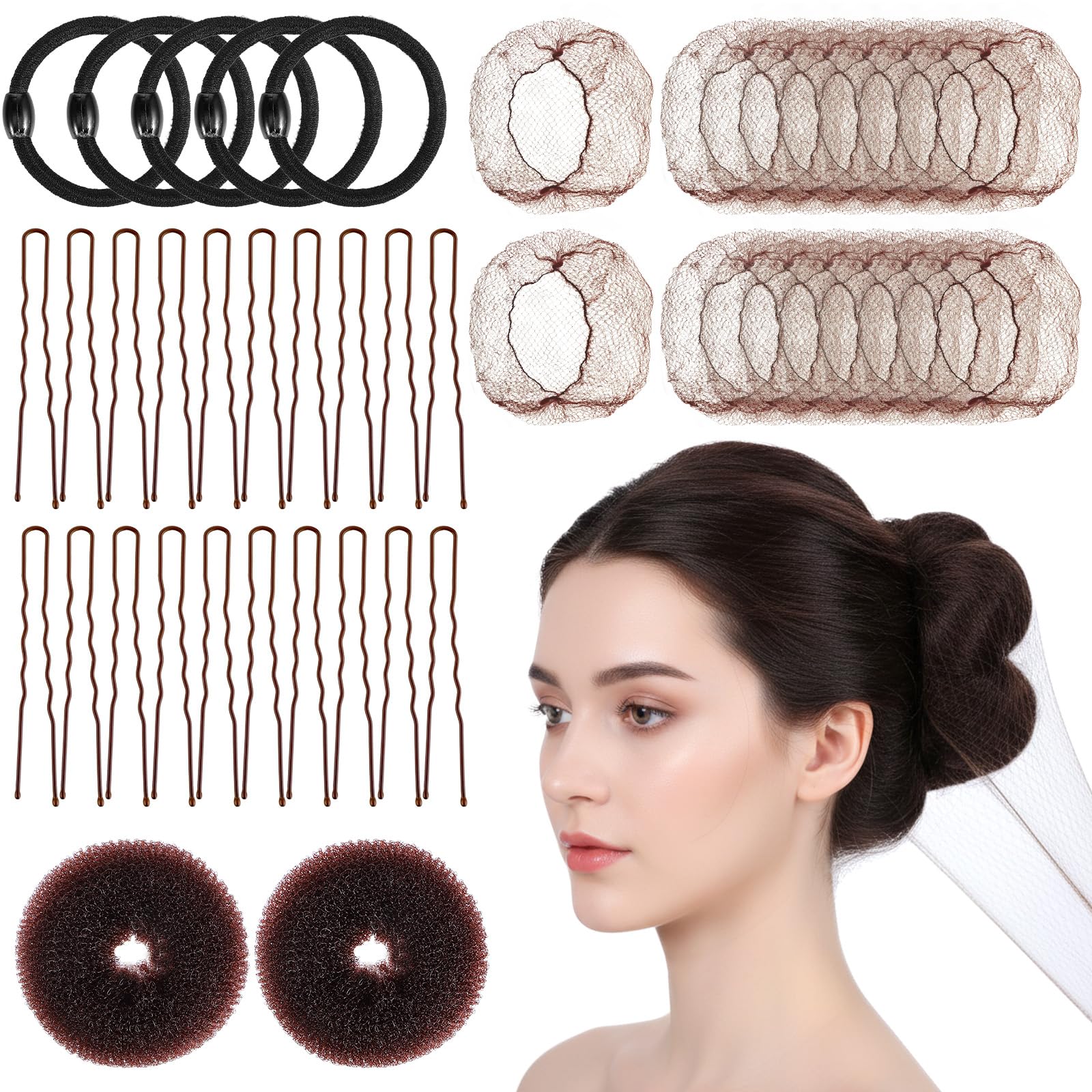 Photo 1 of 37PCS Hair Donuts for Buns Set, Including 2 Hair Bun Donut, 20PCS U-Shaped Pins, 10PCS Invisible Ballet Hairs Net, 5 Hairs Rings, Portable Bun Maker for Kids (Brown)