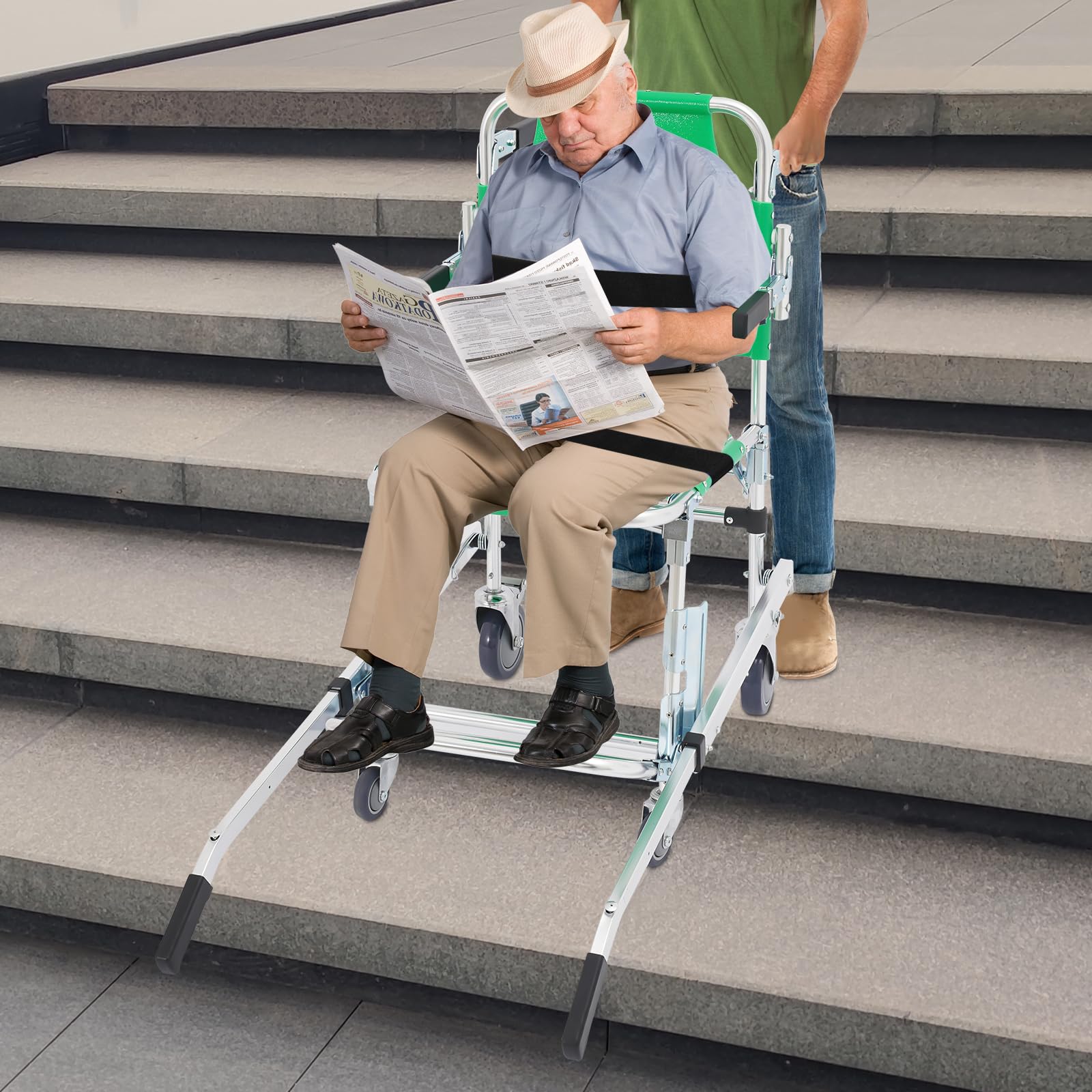 Silla plegable para escaleras con 4 ruedas, elevación manual, 159 kg, capacidad de carga, silla de evacuación para bomberos, silla de ruedas de emergencia de aleación de aluminio para personas mayores