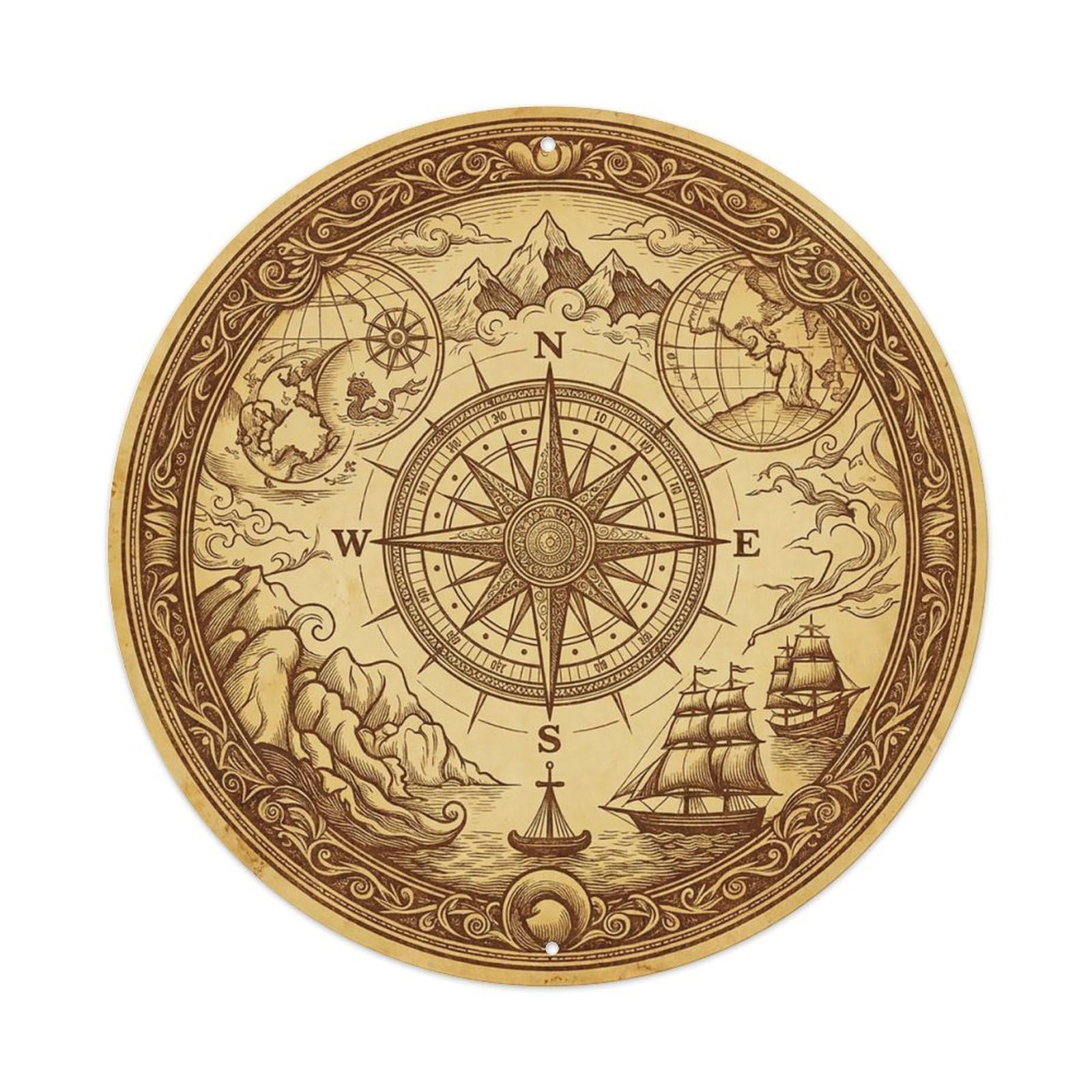 Vintage Nautical Compass World Map Descent Heritage Metal Tin Sign