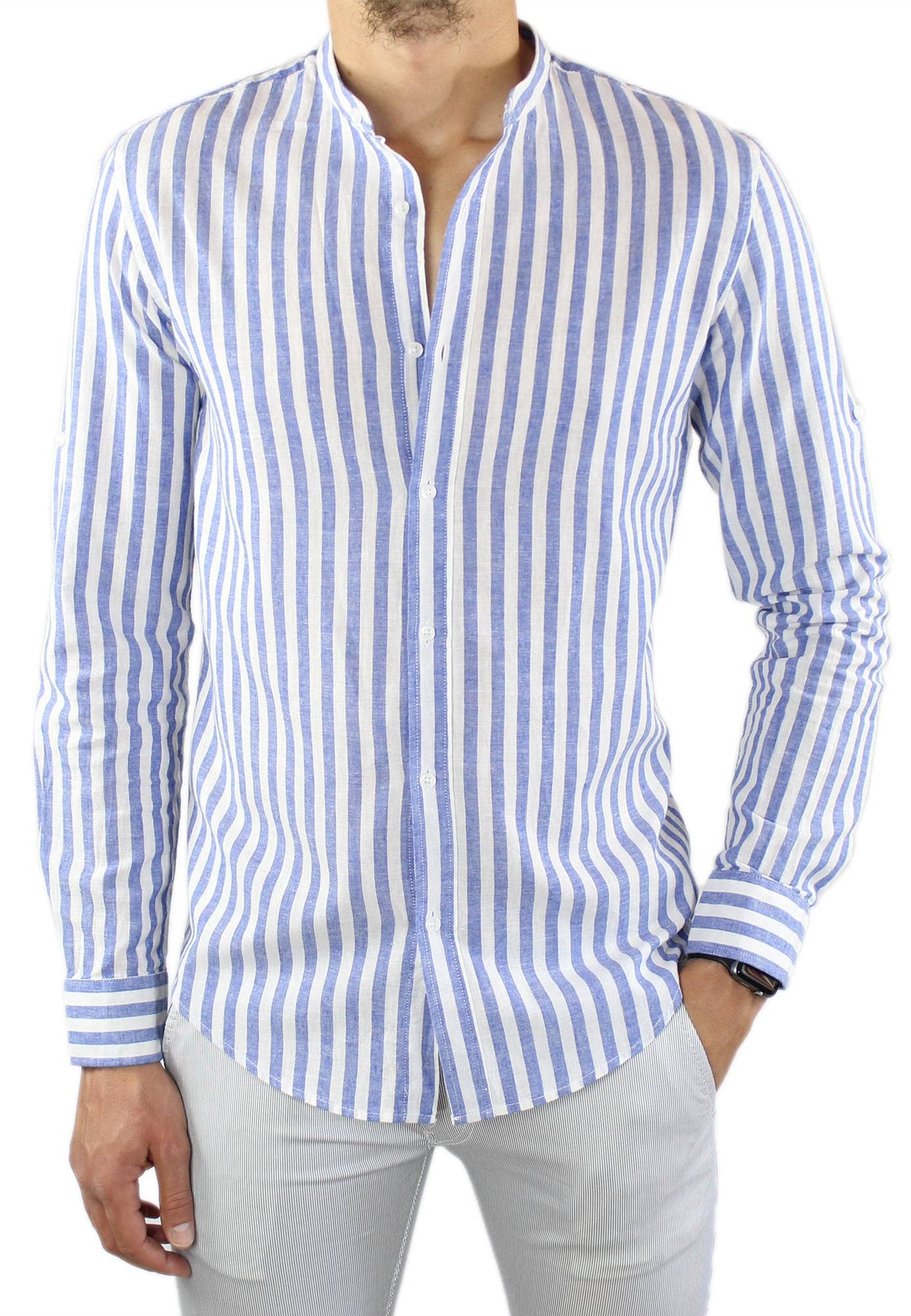 Camisa de lino para hombre Coreana a rayas celestes de 100 % lino Slim Fit elegante de manga larga a rayas