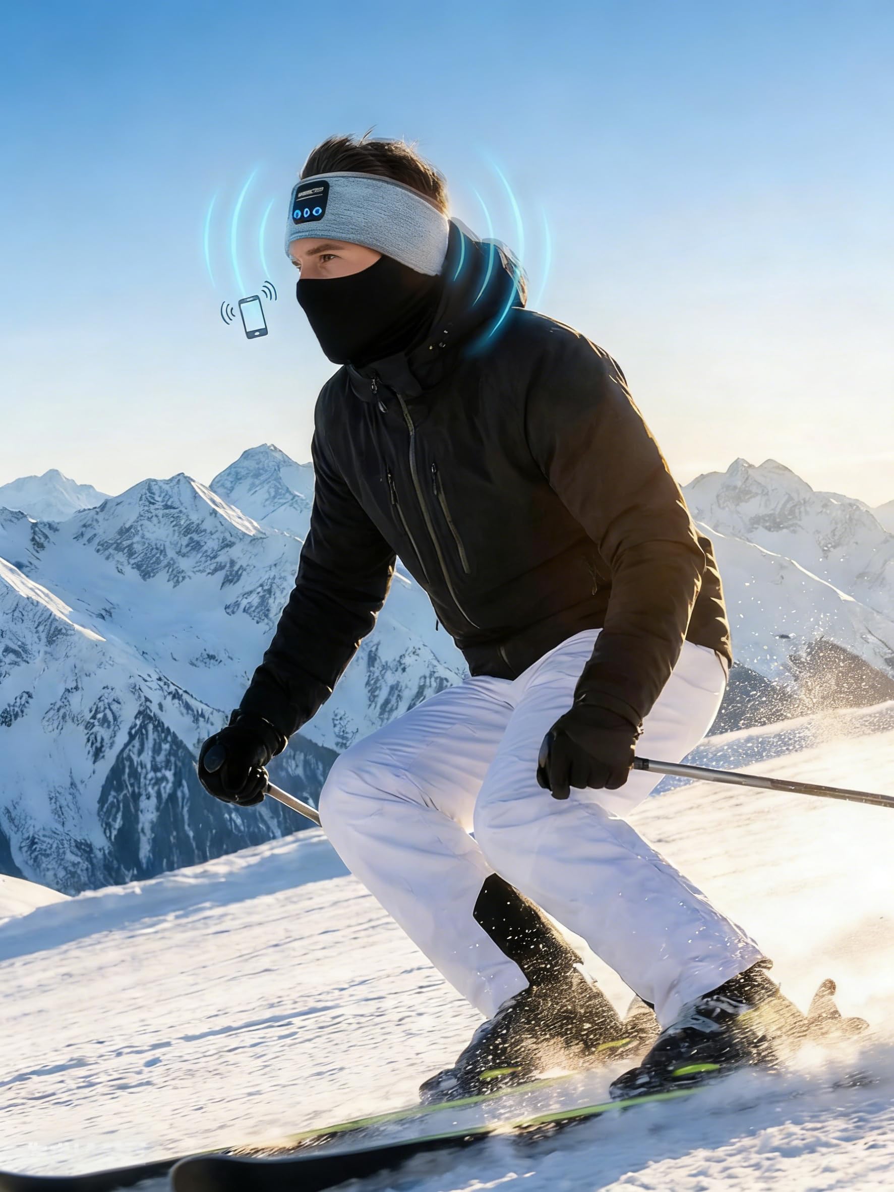 Ski Headband, Bluetooth Music Headband for Skiing, Soft, Helmet-Friendly Design, Wireless Headband Headphones with Built-In Speakers for Sleeping, Outdoor Sports (Black) — view 8
