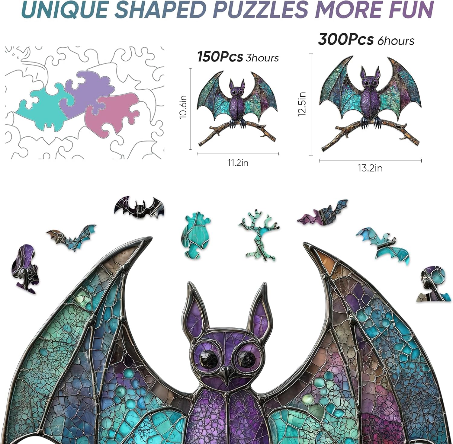 Wooden Puzzles for Adults, Stained Glass Bat Puzzles Animal Puzzles for Grandkids, 150 Pieces Unique Irregular Fun Challenging Jigsaw Puzzles Gifts, Perfect Family Games, 11.2 * 10.6inch