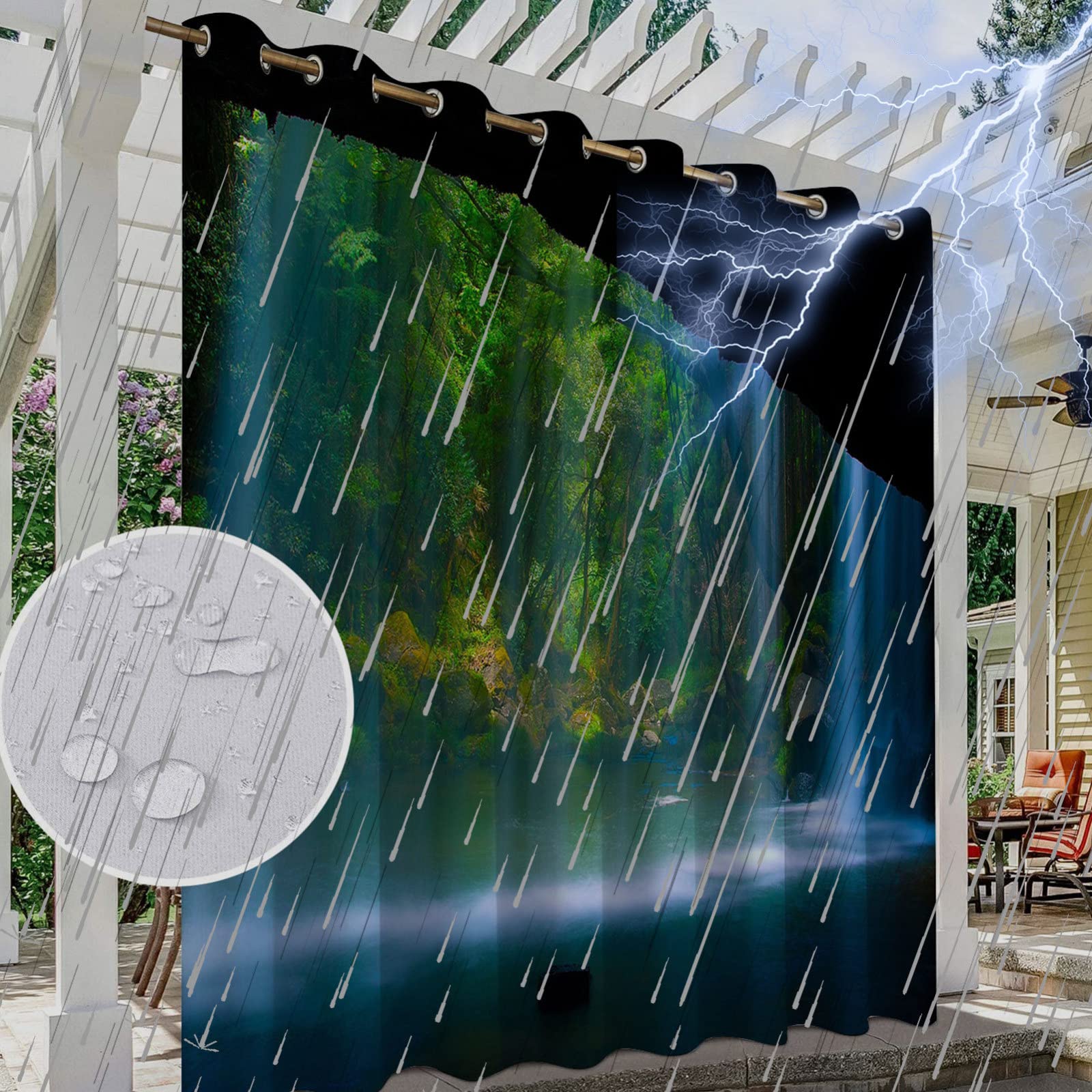 NYKJBD Printed Outdoor Curtains for Gazebo, Waterproof Outdoor Curtains with Grommet, Forest Landscape Pattern, Thermal Insulated Blackout Curtains,1 Panel,#H-W84 xH102