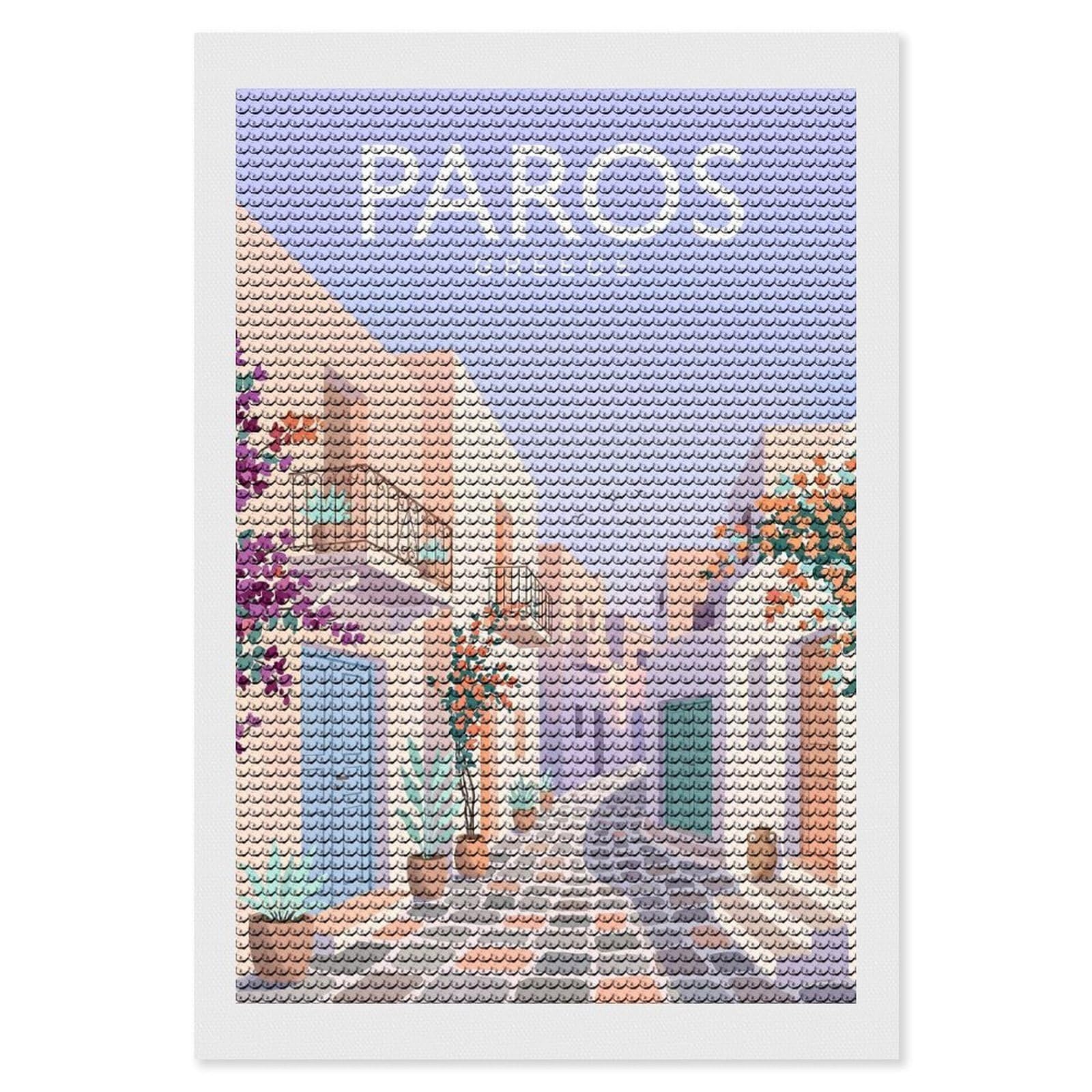 Junmoney Paros Greece Diamond Painting Canvas Set 8"x12", for Adults, Sparkling Round Gems, Thoughtful Handmade Gift, Modern Decor