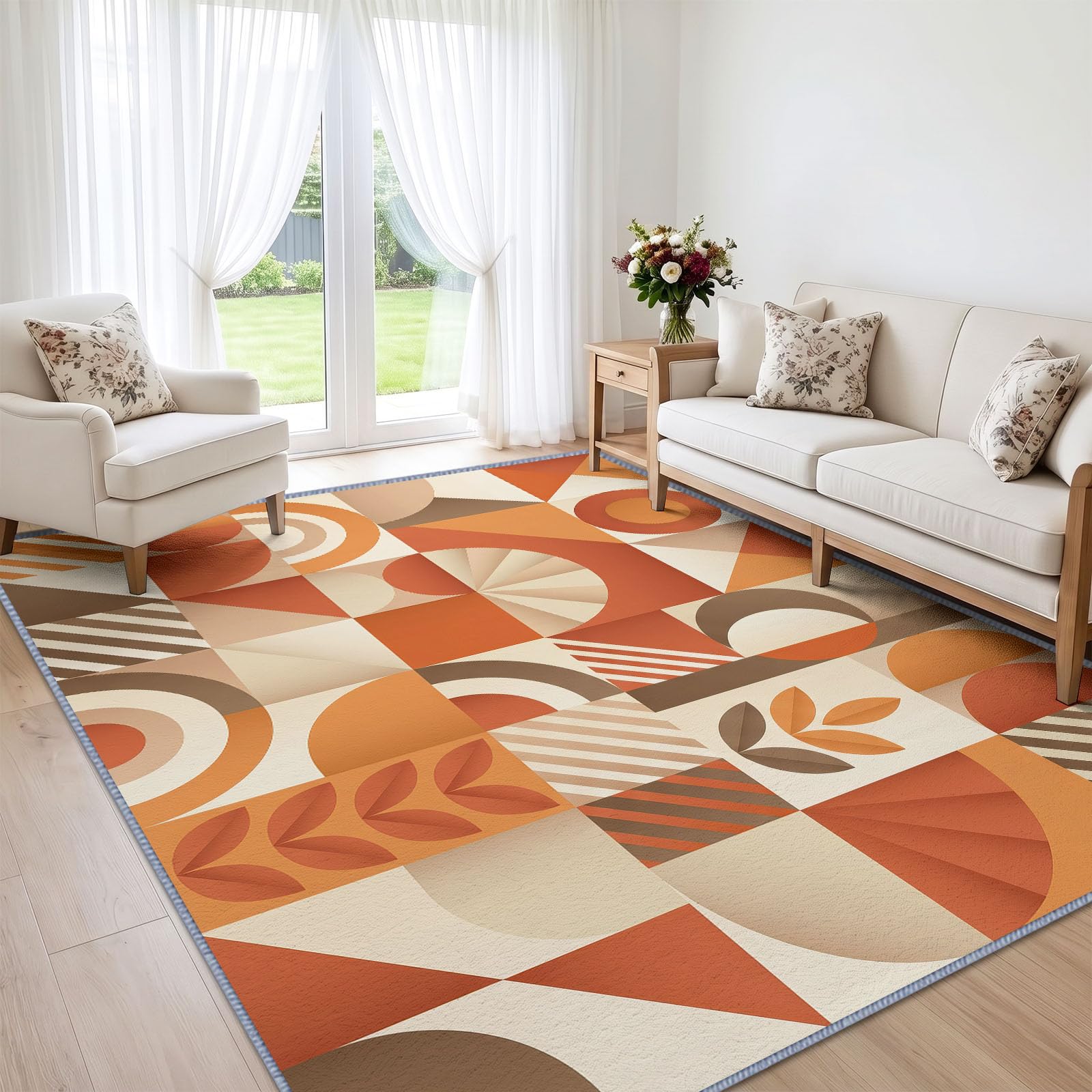 Gitter Farbblöcke Orange Waschbarer Teppich Wohnzimme 80x152 cm, Weich Kurzflor rutschfest Modern Abstrakt Vintage Geometrisch Teppich für Schlafzimmer Esszimmer Büro
