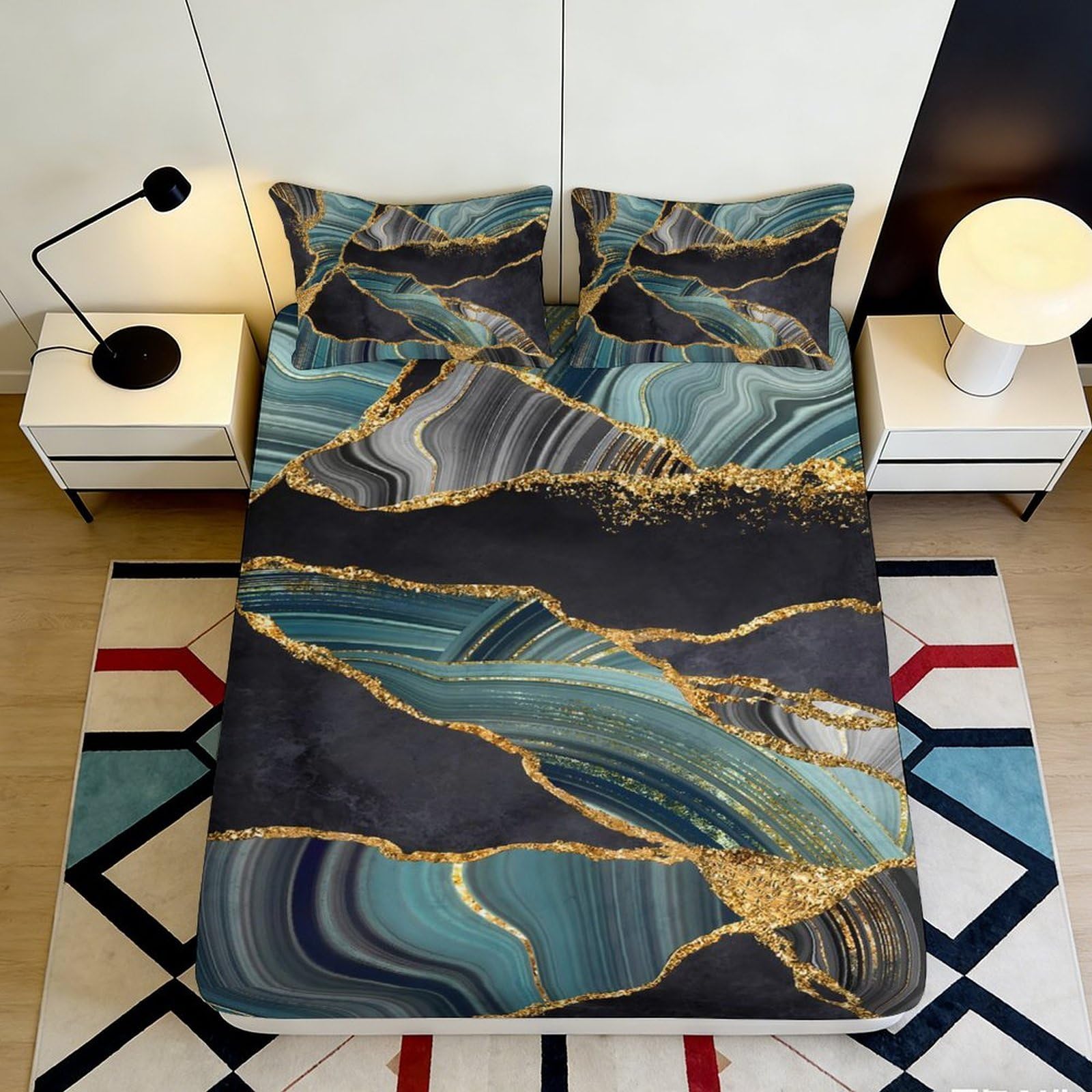 3D Printed Marble Gold Vein Fitted Sheet Microfiber Black Blue Agate Mattress Cover for Bedroom Dorm Guest Room 90x200x25cm