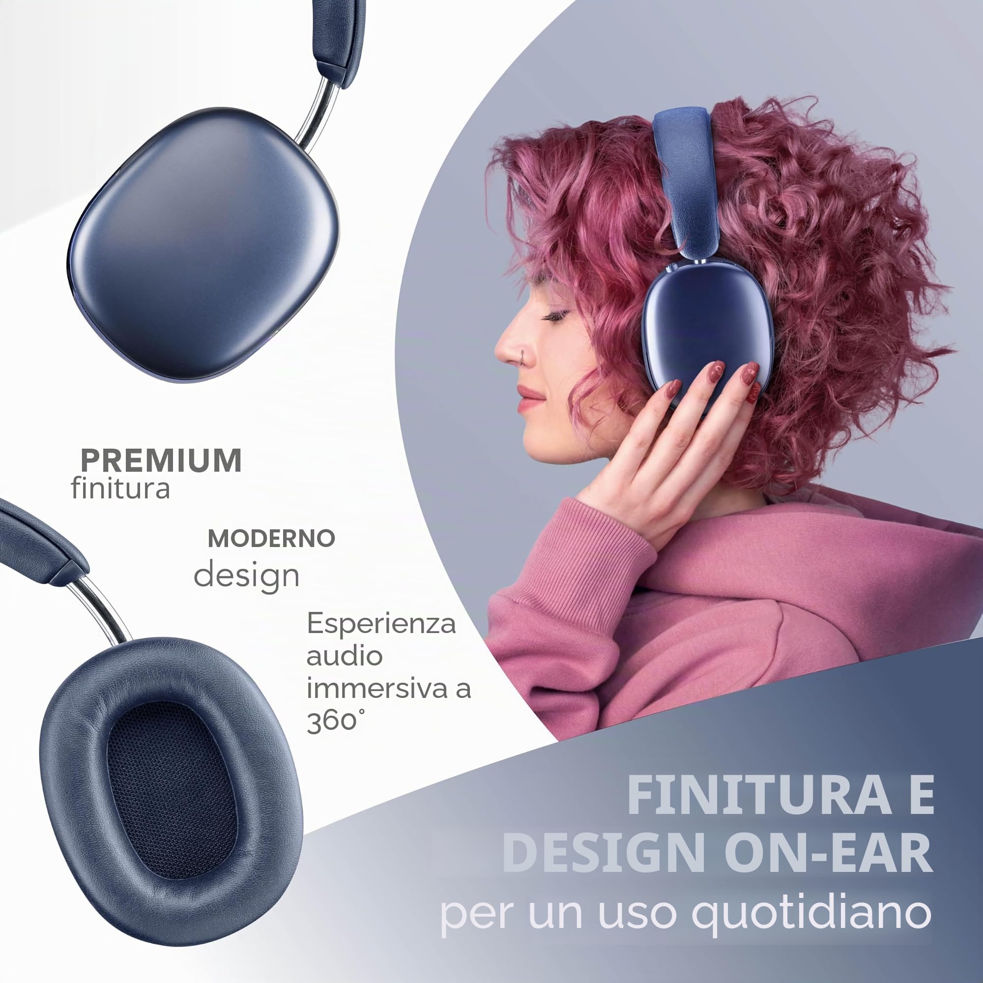 Music Sound Aurix Cuffie Bluetooth Over Ear, Blu | Cancellazione Attiva del Rumore, Audio Spaziale, Comandi sui Padiglioni, Microfono Integrato, Fino a 35h di Autonomia