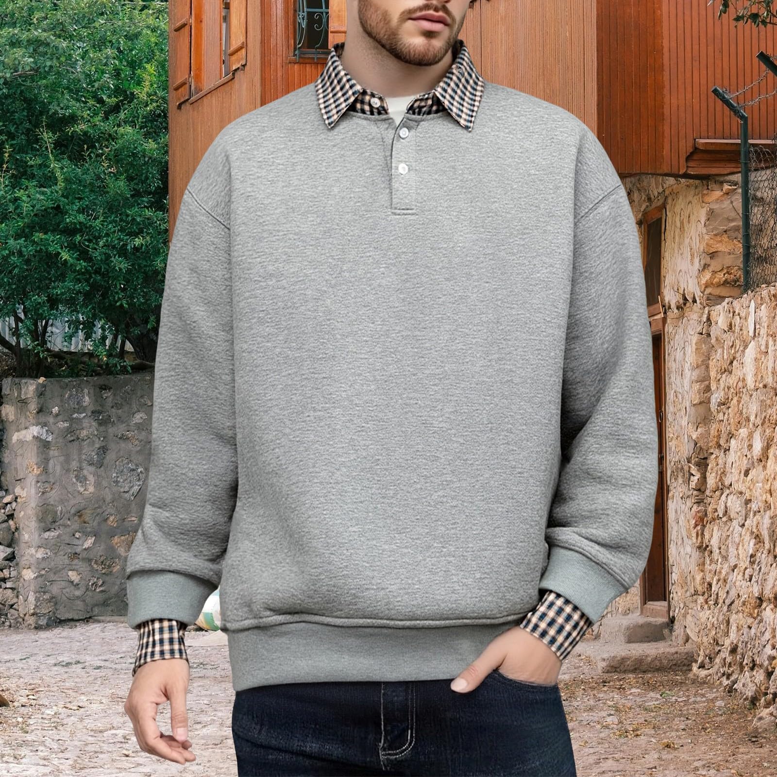 Sudaderas De Hombre Men's Sports Casual Shirt Plaid Collar Button Sweatshirt Reflectantes Oversize Camisa Manga Corta Ropa Verano Proteccion Solar Vento Trabajo Chaqueta Sudadera