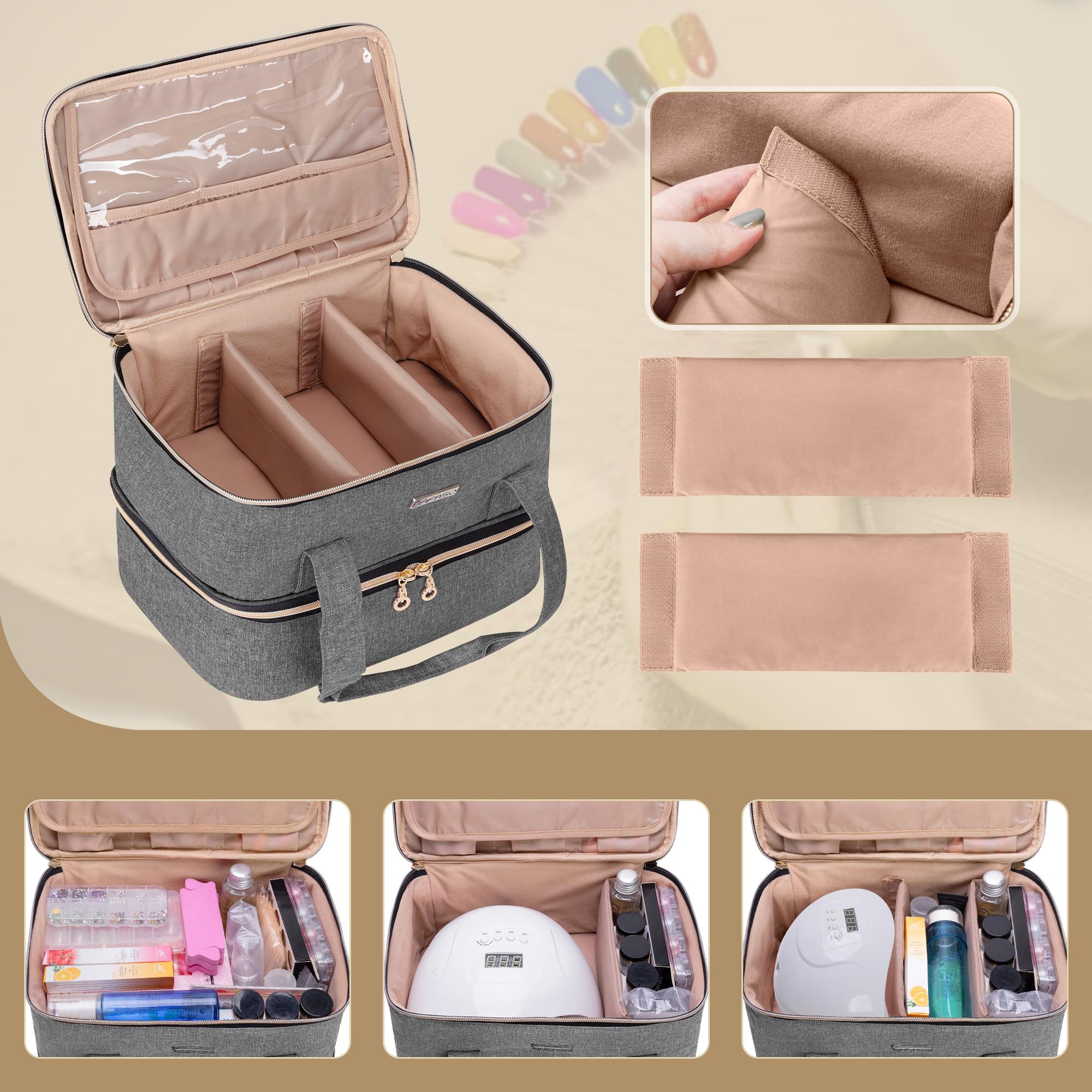 BAFASO Organizador Esmaltes de Uñas para 40 Botellas y Lámpara, Gris | Estuche Esmalte de Uñas, Bolsa para Esmalte de Uñas (Solo Bolsa), y Lámpara Secadora de Uñas, 15ml - 0.5 FL.oz