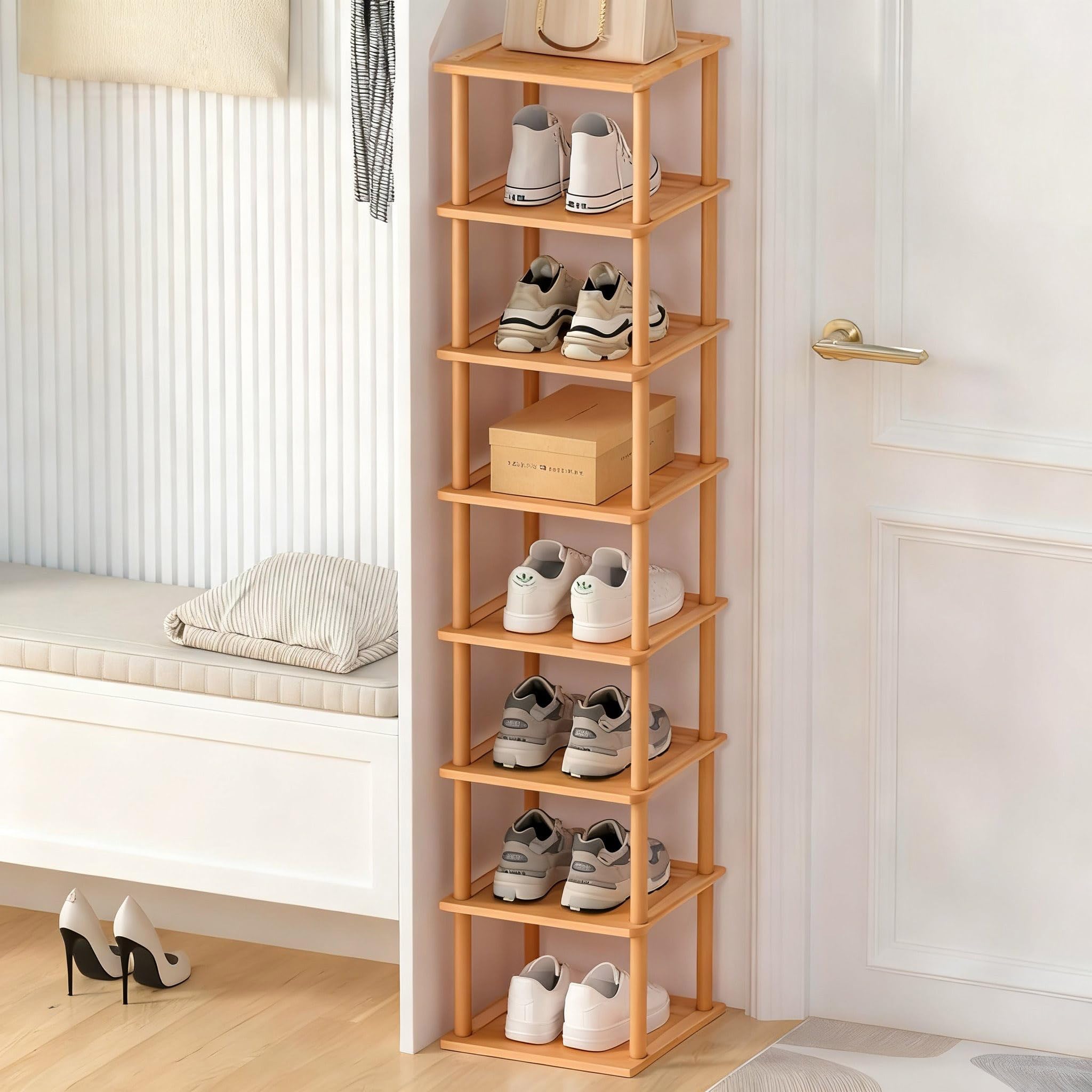 Aniston Bamboo Shoe Rack 8 Tier, Vertical Shoe Rack for Small Spaces, Free Standing Tall Narrow Shoe Organizer for Garage, Closet, Doorway, Corner, Living Room Small Spaces