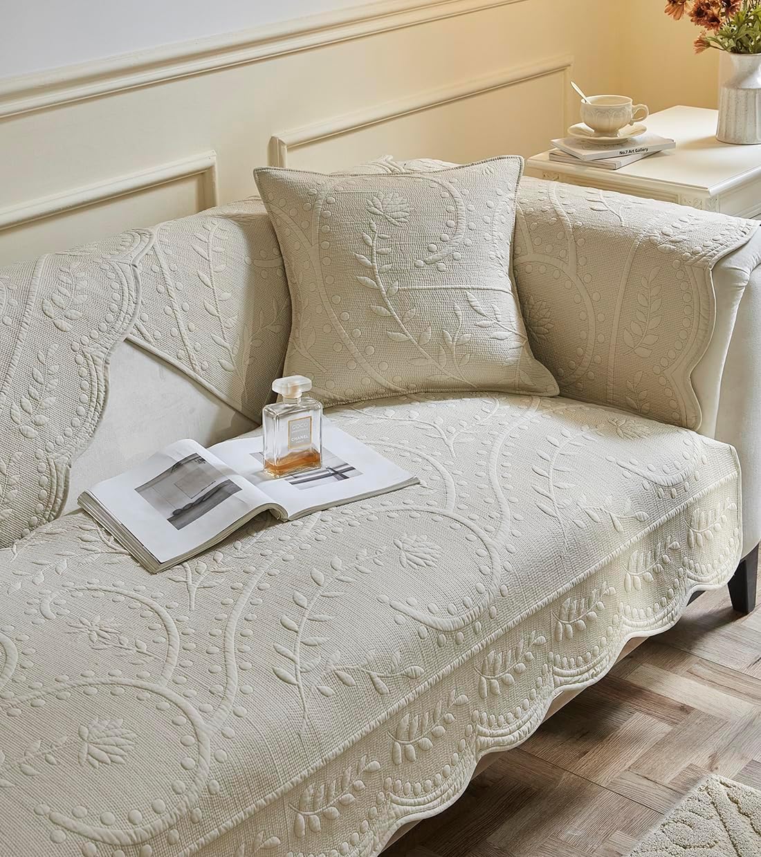 vctops Cotton Quilted Couch Cover Floral Leaves Embroidery