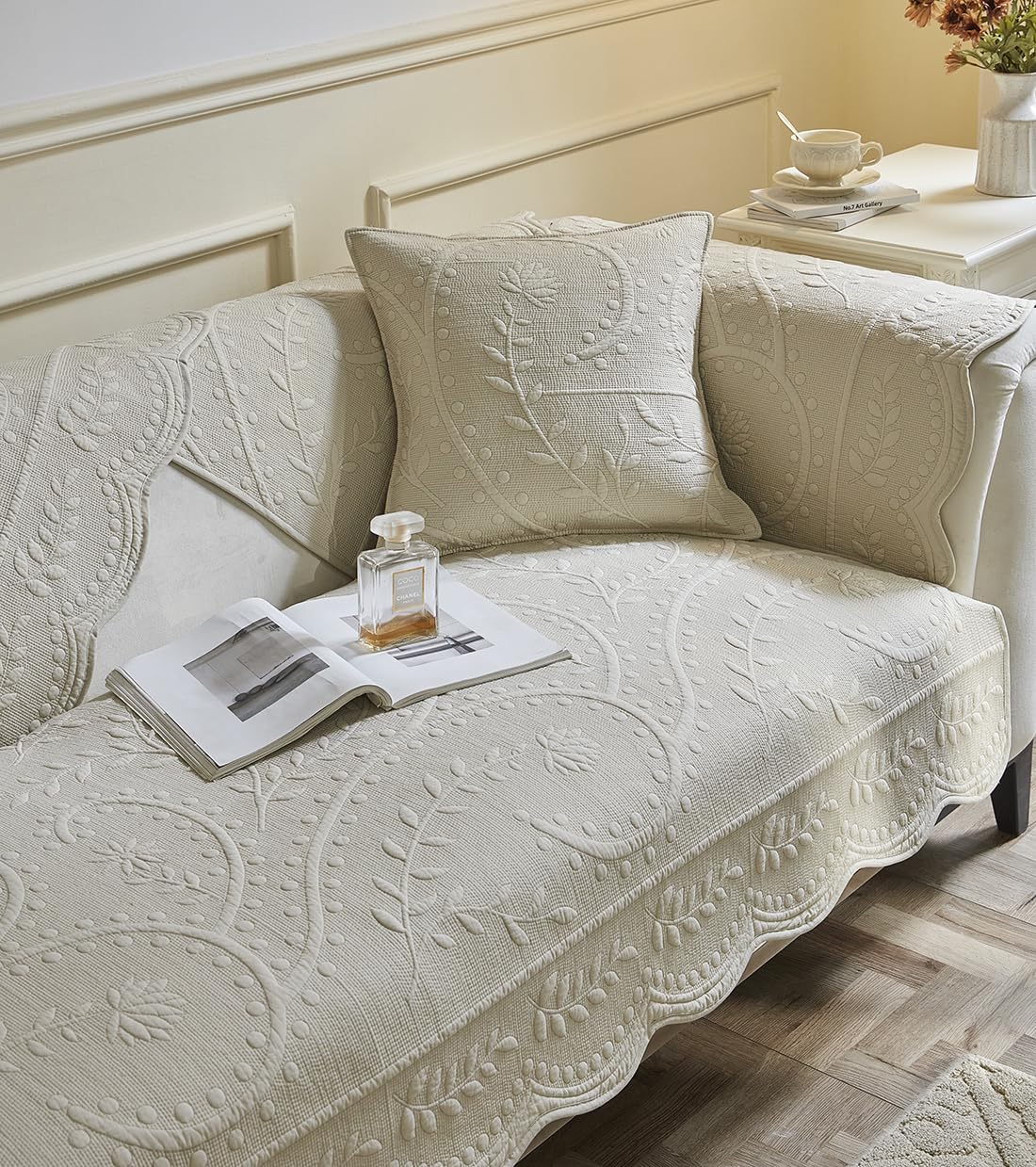 vctops Cotton Quilted Couch Cover Floral Leaves Embroidery Sofa Cover Non Slip Sofa Slipcover for Dogs Cats Kids Loveseat Recliner L Shaped Armrest