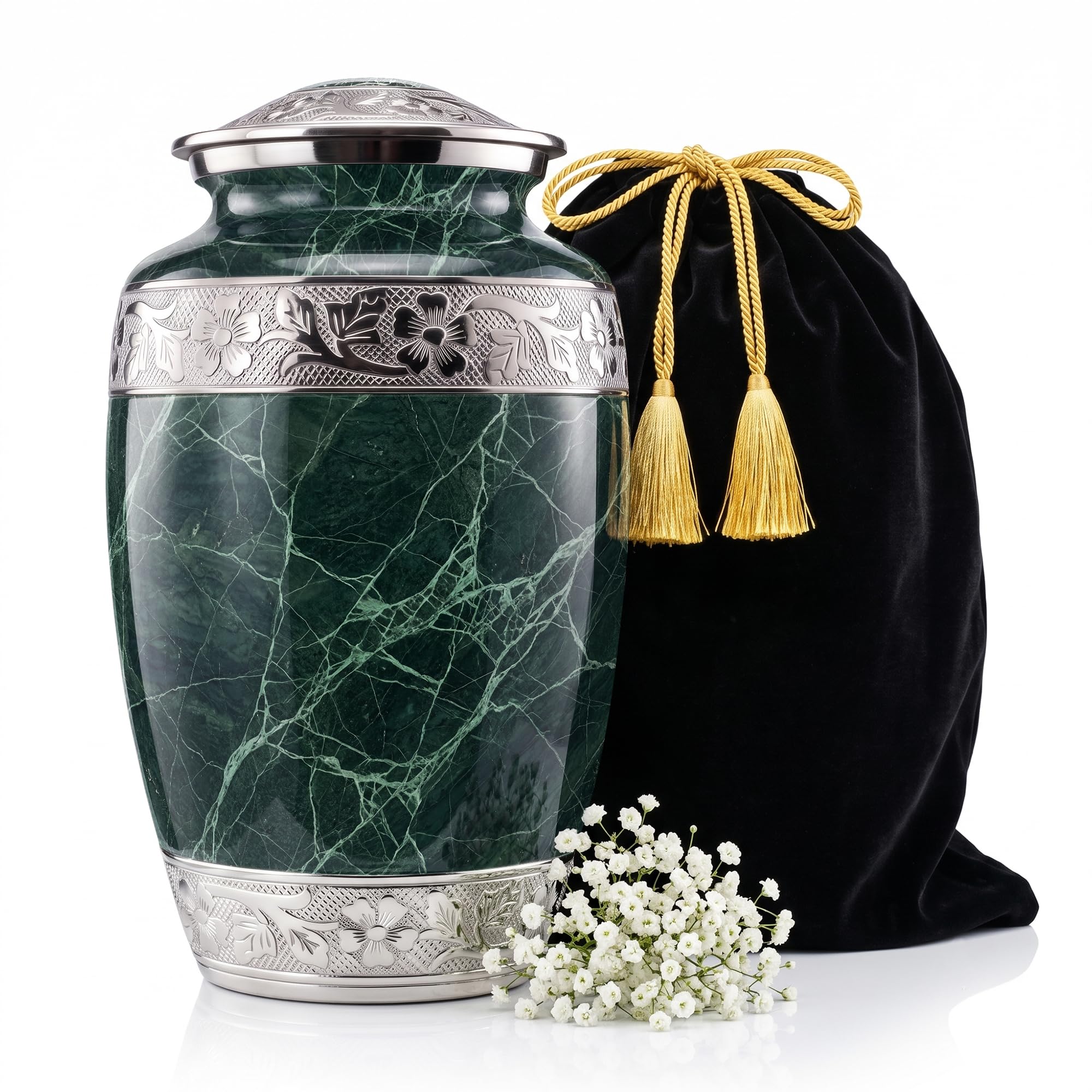 STONLIF Green Marble Cremation Urn for Adult Human Ashes - Large Aluminum Alloy Funeral Urn, 200 Cubic Inches, with Velvet Bag, Funnel & Threaded Lid