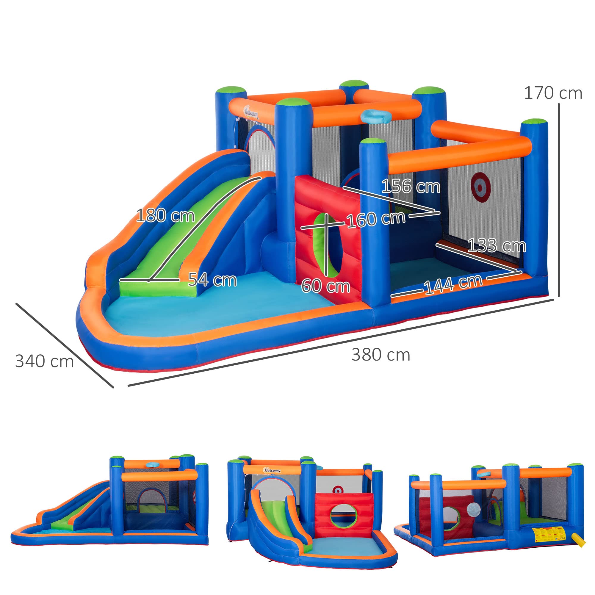Outsunny Aufblasbare Hüpfburg Wasserpark mit Gebläse Hüpfburg mit Wasserrutsche Basketballkorb Aufblasbare Wasserspielcenter für Kinder ab 3 Jahren Trampolin Pool 380 x 340 x 170 cm
