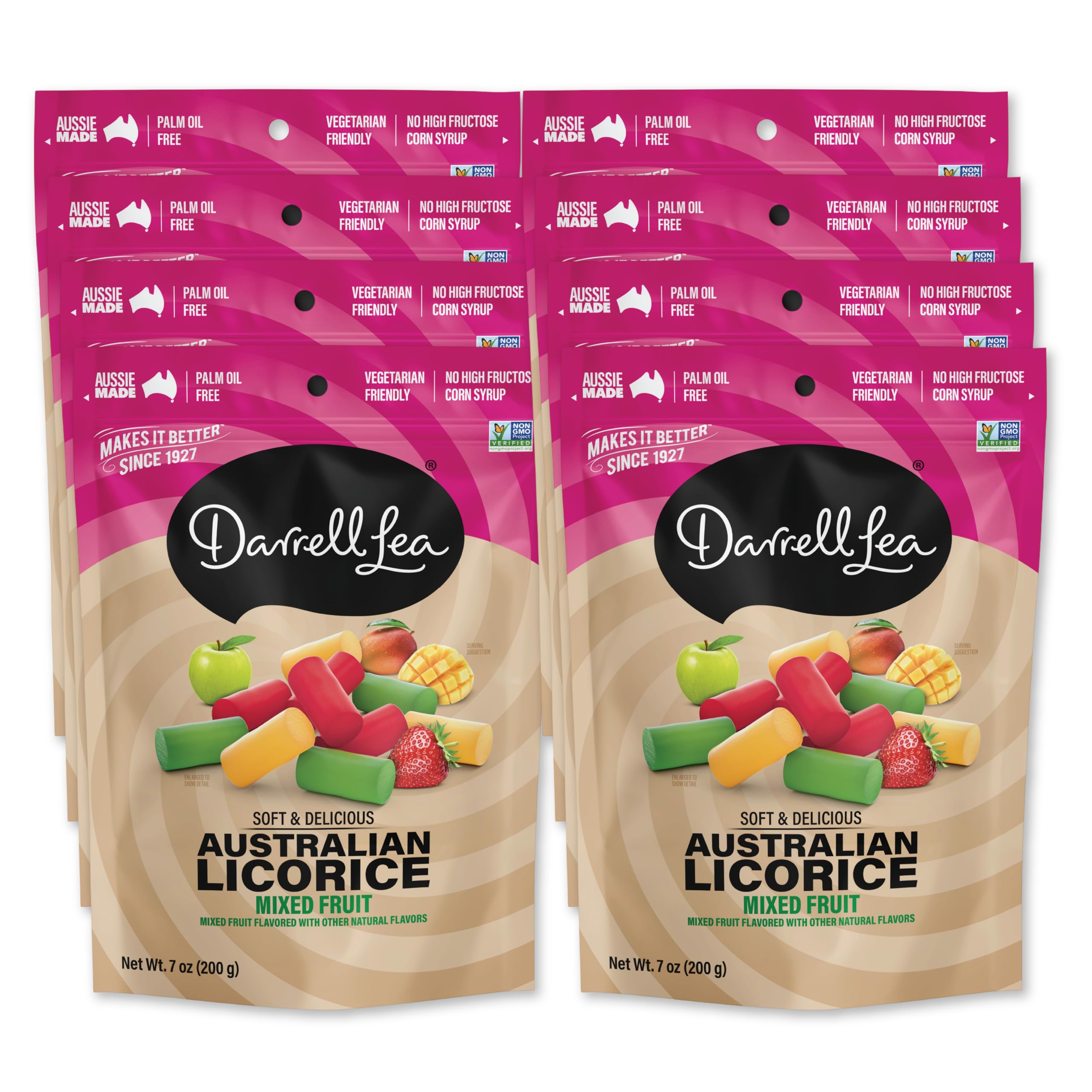 Darrell Lea Réglisse australienne douce, sans OGM, sans huile de palme, convient aux végétariens, sans sirop de maïs à haute teneur en fructose, bonbons à la réglisse doux et moelleux, fabriqués en
