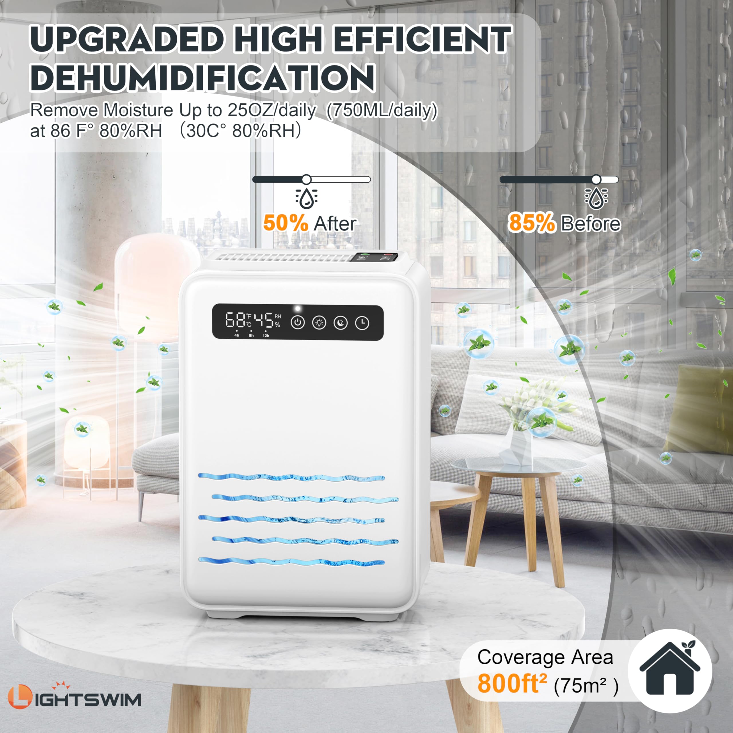 Deumidificatore aggiornato (telecomando) per camera da letto, serbatoio dell'acqua da 2,8 l, 75 m², piccolo deumidificatore silenzioso per cantina, casa, bagno, con spegnimento automatico, luce LED 7
