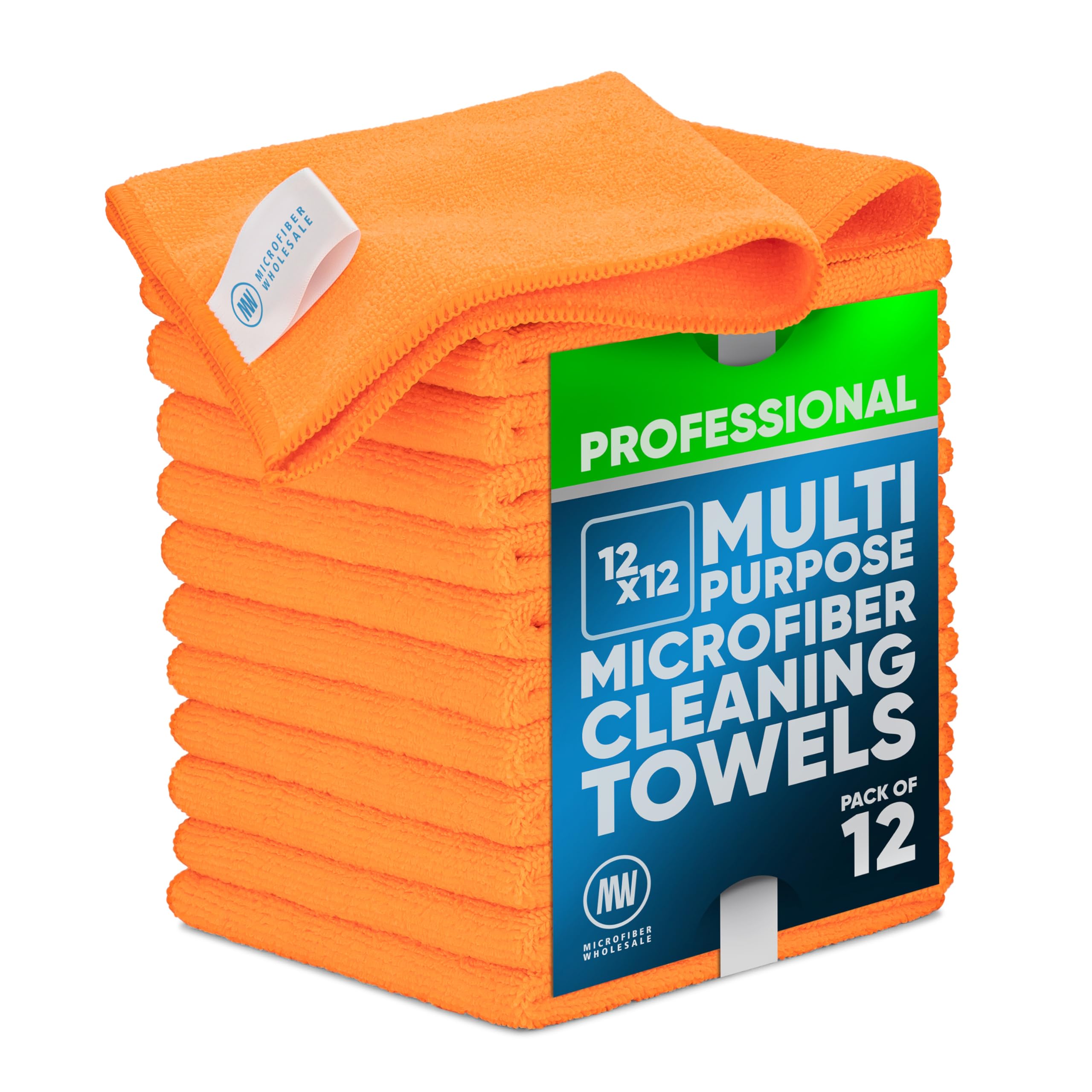Microfiber Wholesale 12" x 12" MW Pro Multi-Surface Cleaning Cloths | Orange - 12 Pack | Premium Towels for Cleaning Glass, Kitchens, Bathrooms, Automotive, Supplies & Products