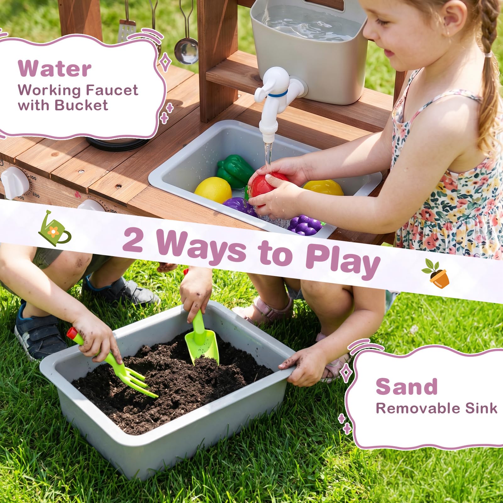 FANTASK Kinder Outdoor Matschenküche mit Wasserbehälter | Inklusive 15 Teile zum kreativen Rollenspiel, mit Wasserhahn, Spüle und Pflanztopf ab 3 Jahren
