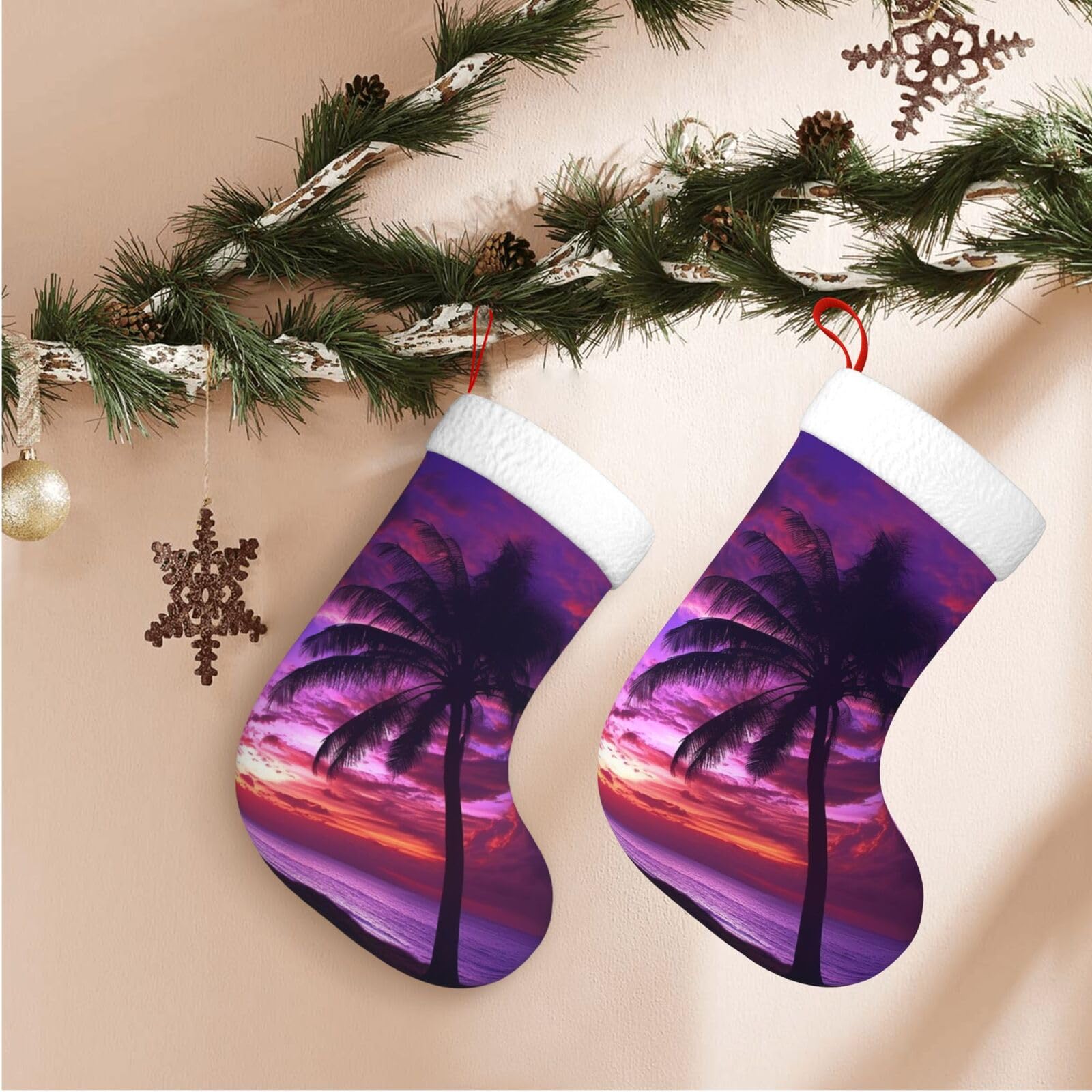 Palm Tree Purple Sunset Christmas Stockings Velvet Xmas Fireplace Hanging Stocking with Plush Cuff Rustic Christmas Santa Stockings for Home Christmas Decorations Party Favor Supplies