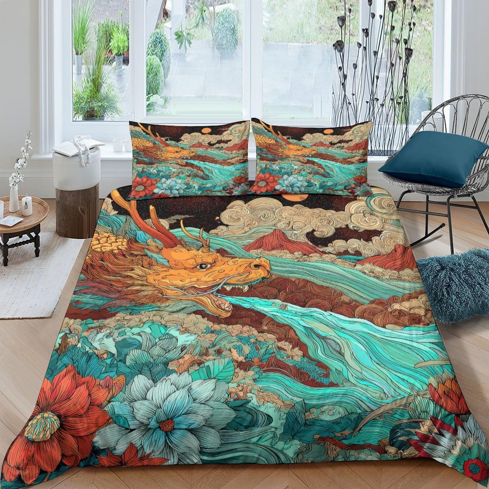 Ctjqhvkz Style-6 3D Printed Oriental Dragon Fitted Sheet Microfiber Soft Breathable Cloud Landscape Mattress Cover Bedroom Decor Single（135X200cm）