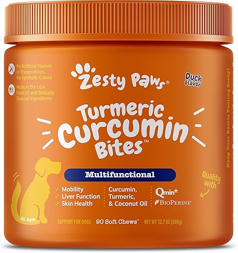 Zesty Paws Curcumina de cúrcuma para perros para la movilidad de cadera y articulaciones apoya la salud cardiovascular digestiva canina y del hígado