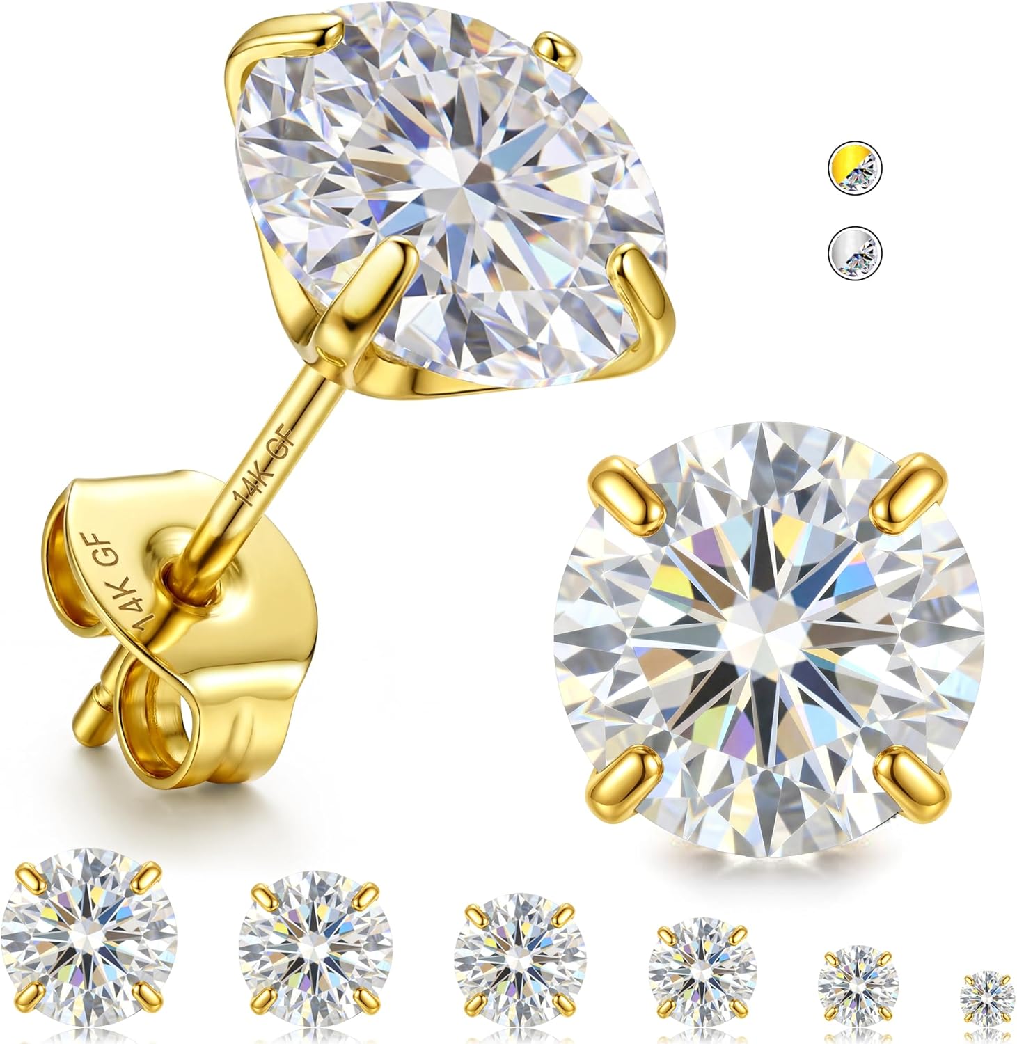 GEMQUEEN 6 Pairs 2-7mm Moissanite Earrings Studs : 14K Gold Plated Surgical Steel Stud Earring for Sensitive Ears Hypoallergenic Cartilage Helix Piercing Jewelry for Women Men Round Cut D Color VVS1