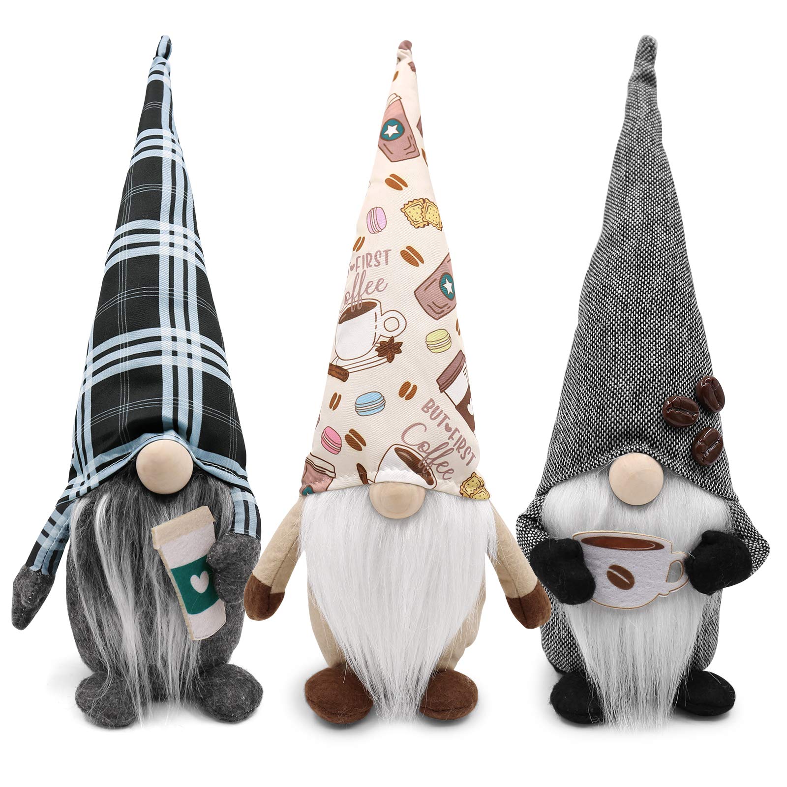 CiyvoLyeen Coffee Gnomes Coffee Bar Decoration Plaid Swedish Tomte Gnomes Gift But First Coffee Scandinavian Figurine Nordic Plush Farmhouse Home Decor Set of 3
