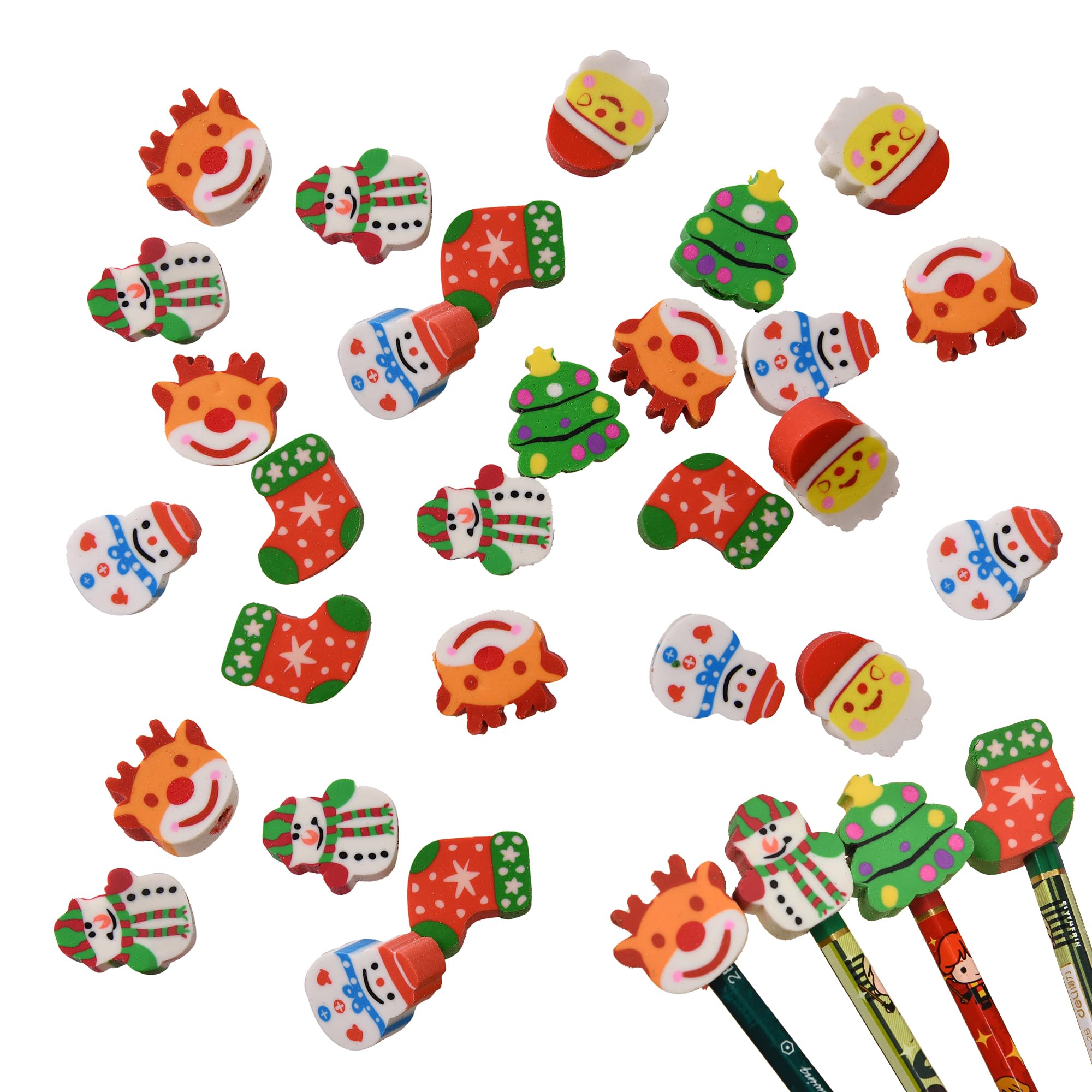 42Pcs Christmas Eraser Toppers for Kids Boys Girls, Mini Christmas Eraser Tops Bulk for Stockings Stuffers