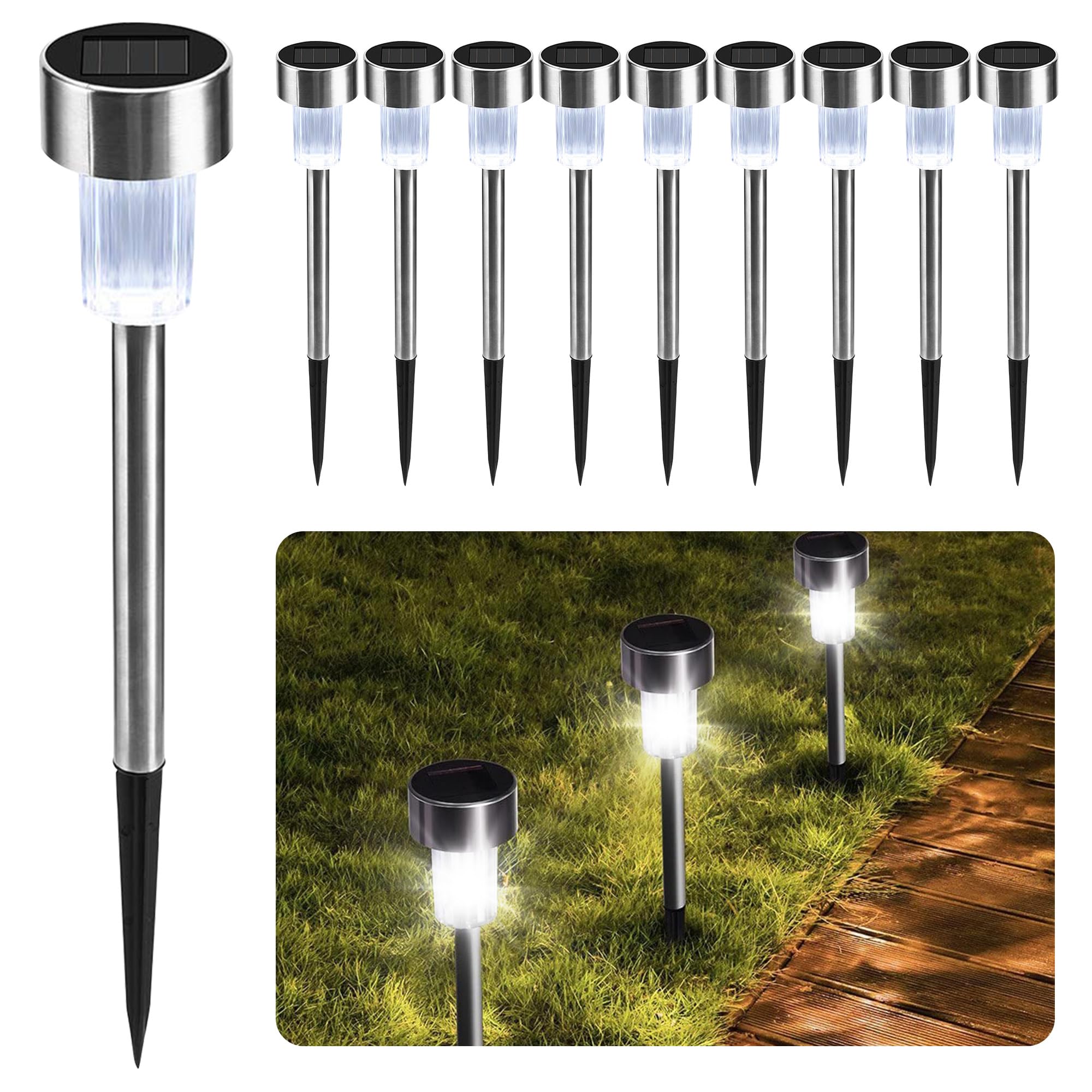 Solar Garden Stake Lights - White 10 LED Waterproof Stainless Steel Pathway Lights, Rechargeable Outdoor Solar Light for Garden, Patios & Walkways