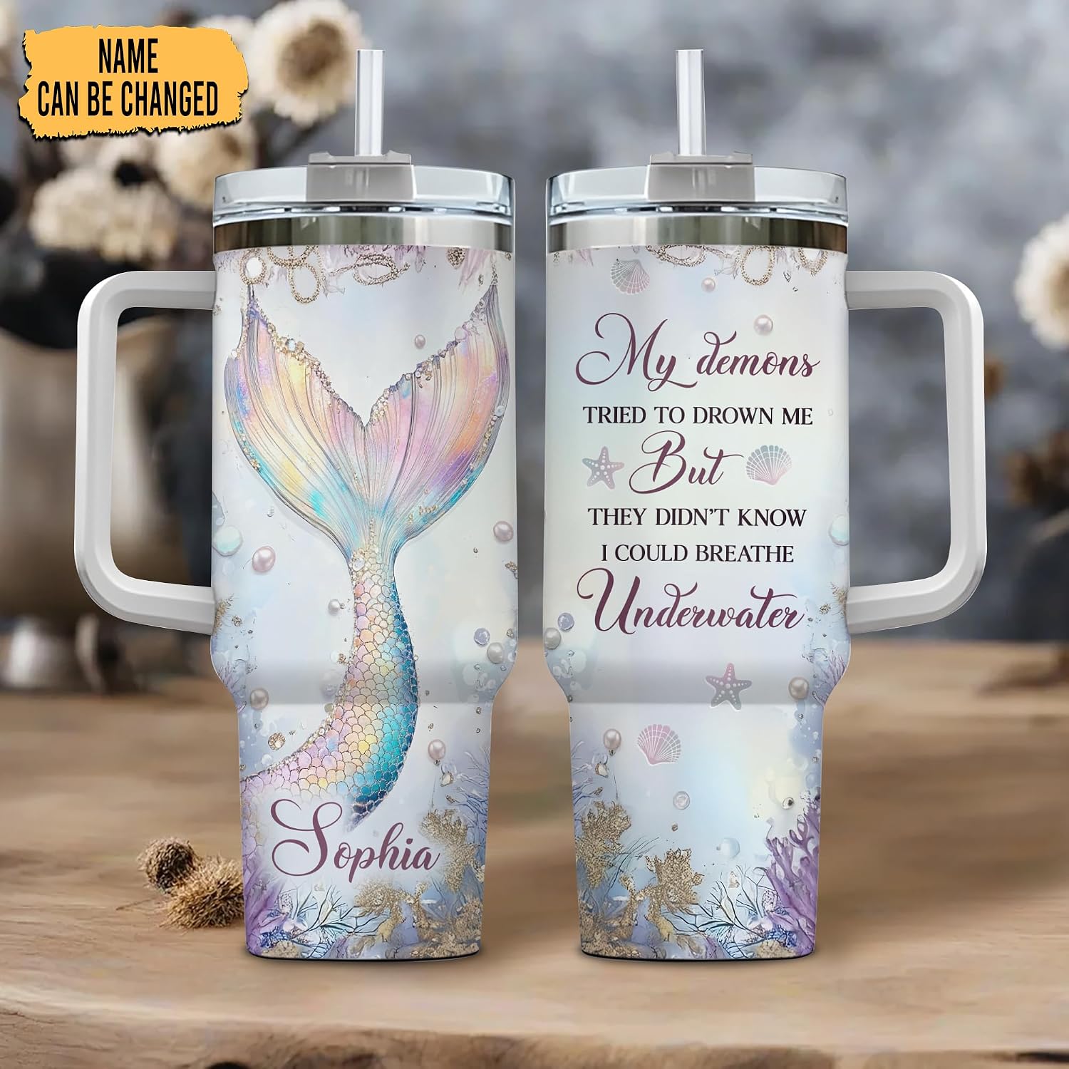 Hyturtle Personalized Travel Coffee Cup - 40oz Mermaid Tumbler With Lid And Straw - Mermaid Gifts For Women - Birthday Gift