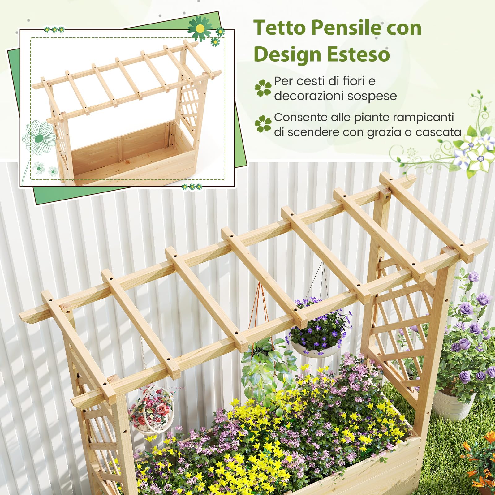 COSTWAY Fioriera Rialzata da Esterno con Grigliato | Letto Rialzato in Legno di Pino per Piante Rampicanti con Fori di Drenaggio, da Giadino, Cortile e Balcone