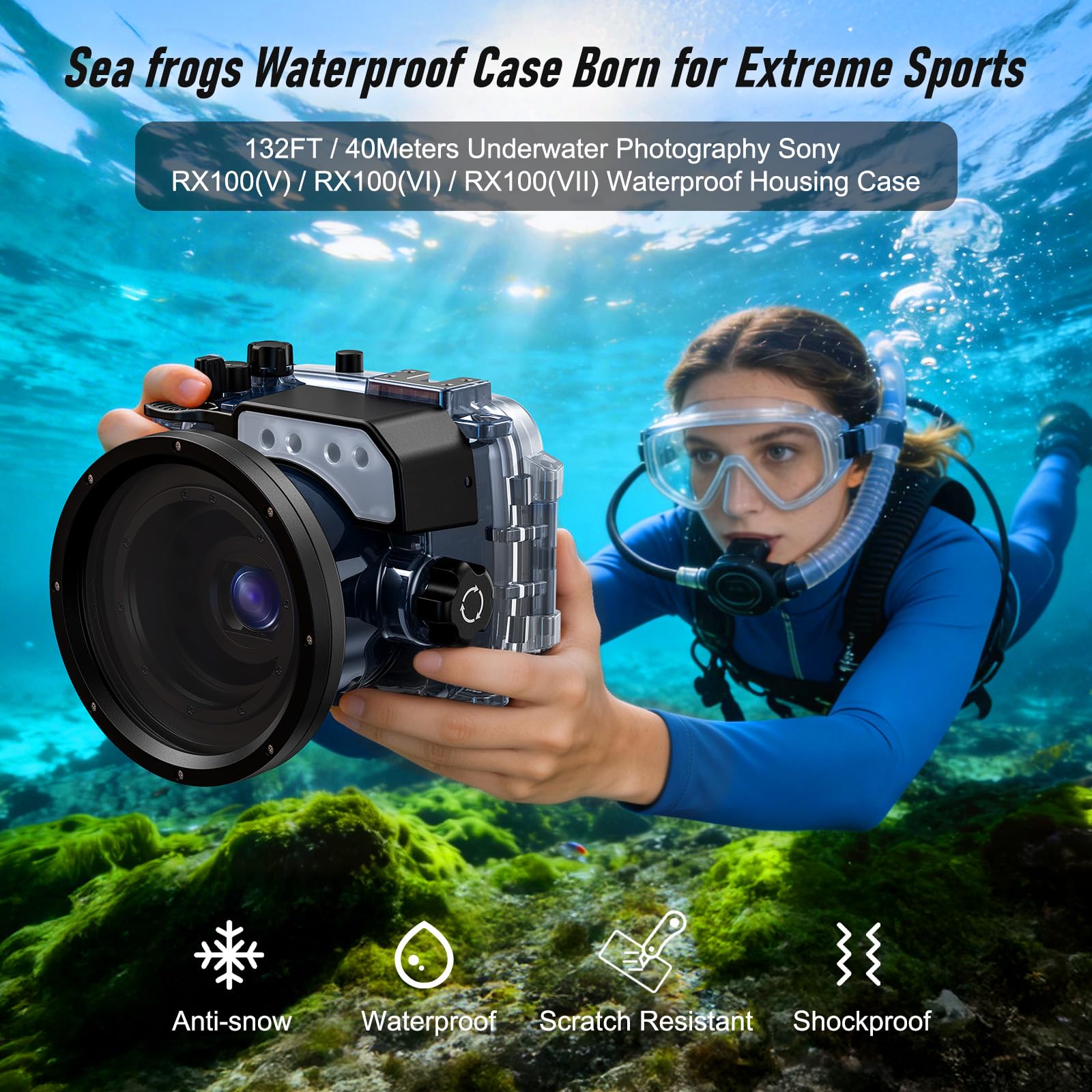 Sea Frogs Wasserdichtes Kameragehäuse kompatibel mit Sony RX100-VII IPX8 40m/130ft Maximale Tauchtiefe RX100 VII Unterwasserkameragehäuse für Tauchen, Surfen, Rudern, Skifahren