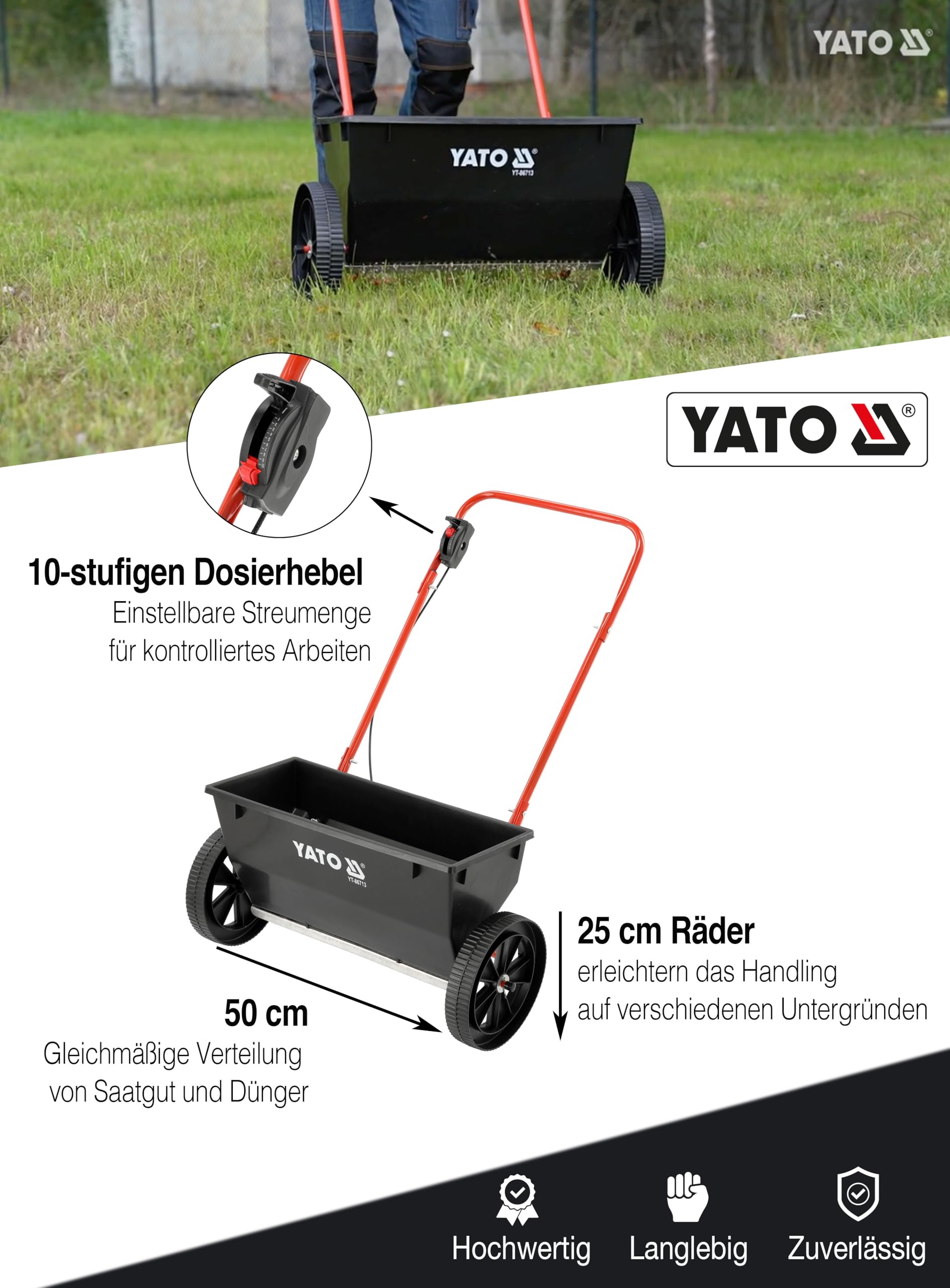 YATO Handstreuwagen 25 L Saatgut & Dnger Sand Salzstreuer  50 cm  Arbeitsbreite, 25 cm Rder fr Rasen & Garten : Amazon.de: Garten