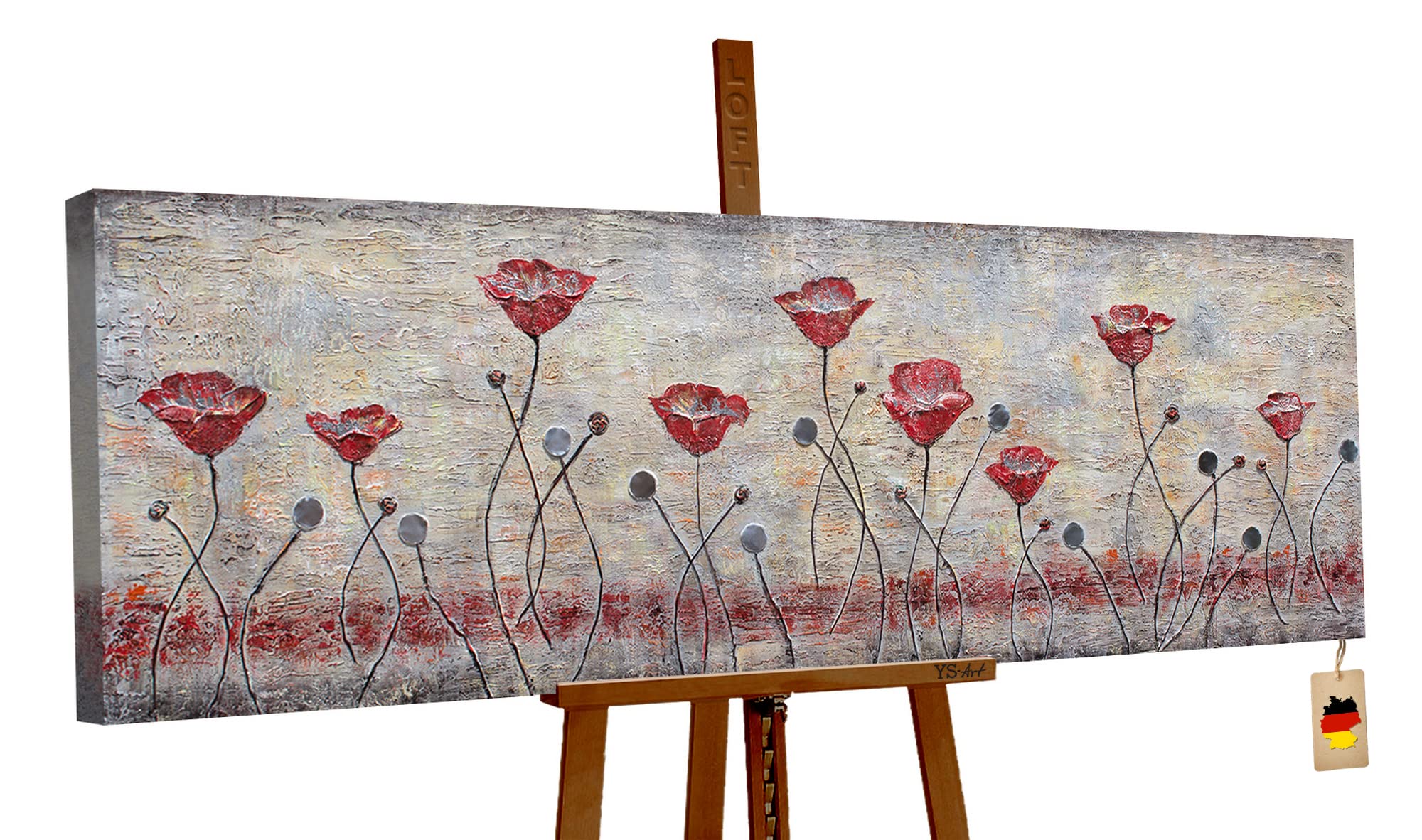 YS - Art Pittura astratta acrilica su tela papavero dipinta a mano quadri da parete soggiorno moderno decorazione per la casa design immagine marrone rosso grigio orizzontale vera arte 150 x 50 cm