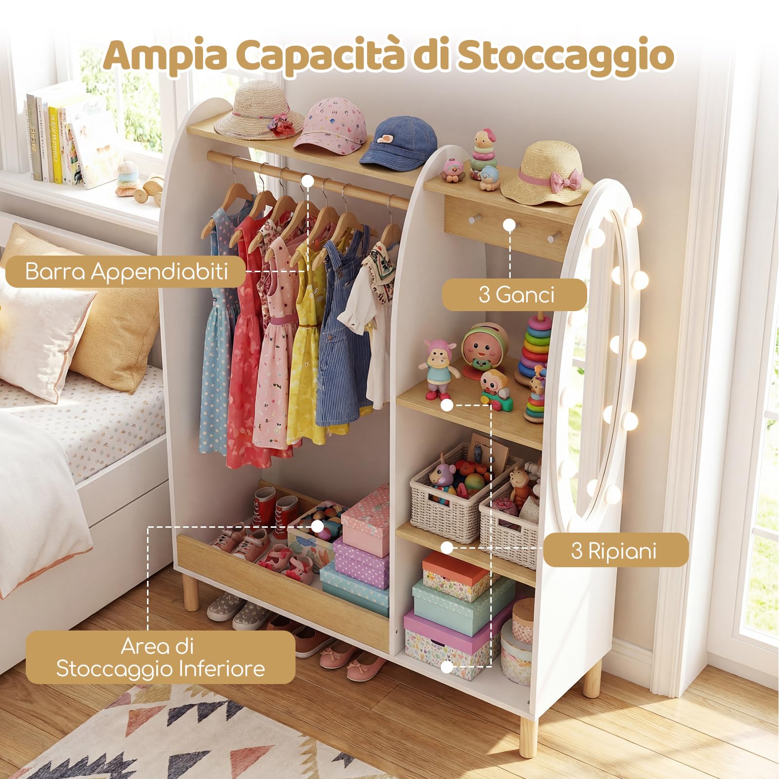 COSTWAY Guardaroba per Bambini, Armadio Gioco con Specchio e Luci, Guardaroba Aperto con Ripiani e Ganci, Organizer per Stanza e Camera da Letto, 91x28x110 cm