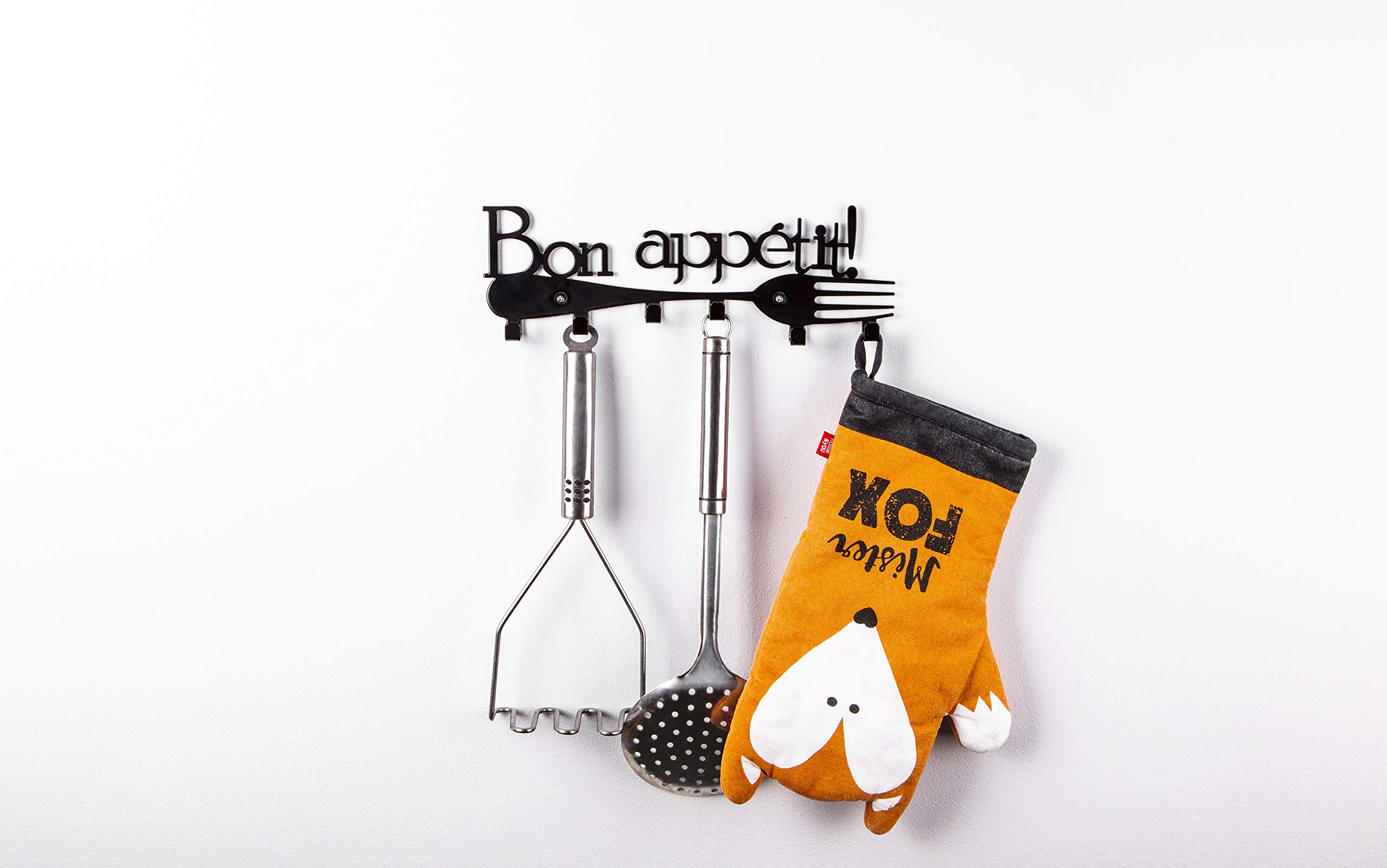 Portachiavi, porta strofinacci da cucina con ganci, supporto organizer da parete Bon Appetit Black