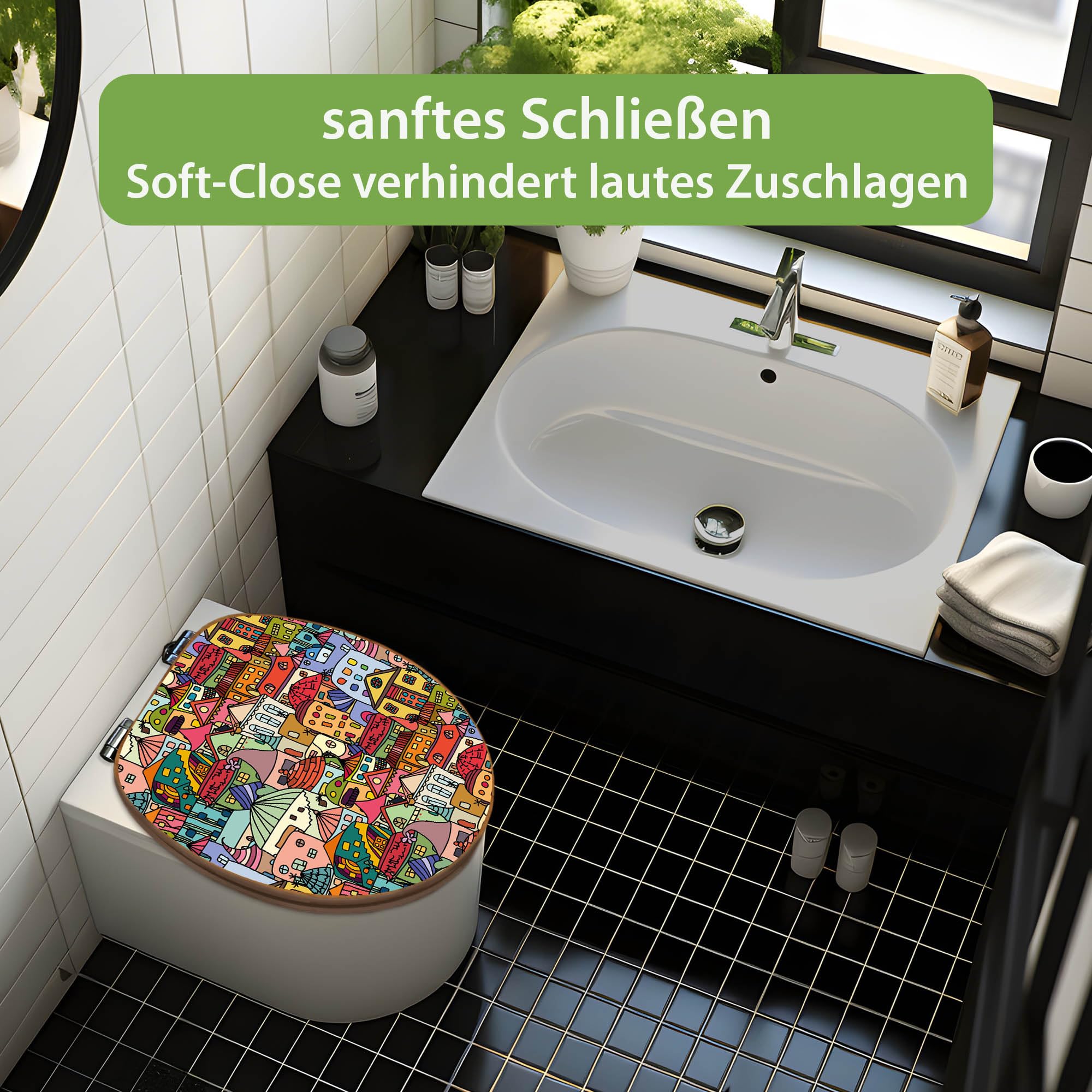 banjado Design WC Sitz Bambus Absenkautomatik 45,8x37,5cm - Toilettendeckel mit Absenkautomatik Holz - hochwertiger Bambus Klodeckel - WC-Sitz für gängigen Toiletten - Motiv Funky Town