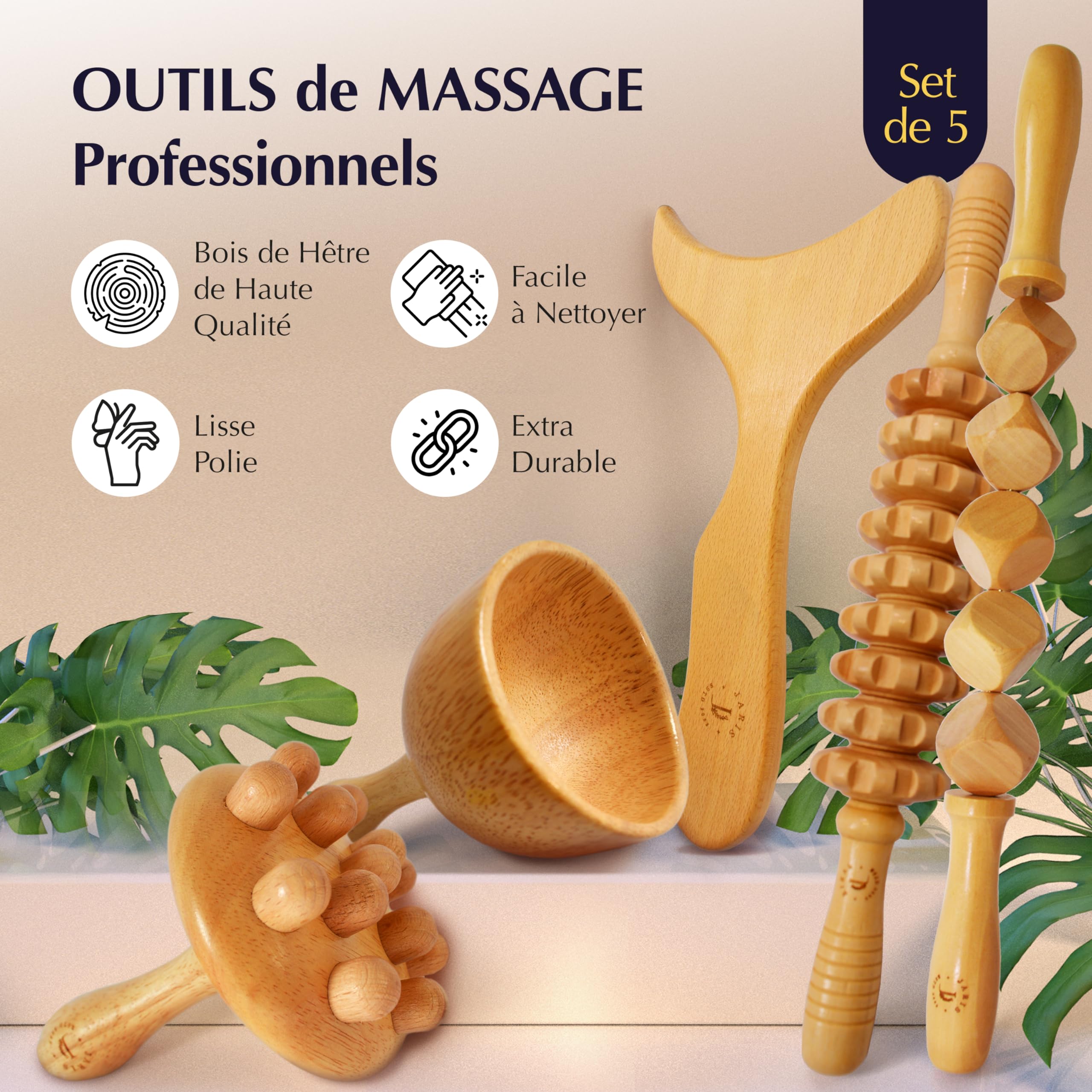 JARIS - Maderotherapie- Kit Professionnel Maderothérapie Corps | Abdomen et Cellulite | Kit Complet avec Instructions QR Écologiques | Maderothérapie pour Massages