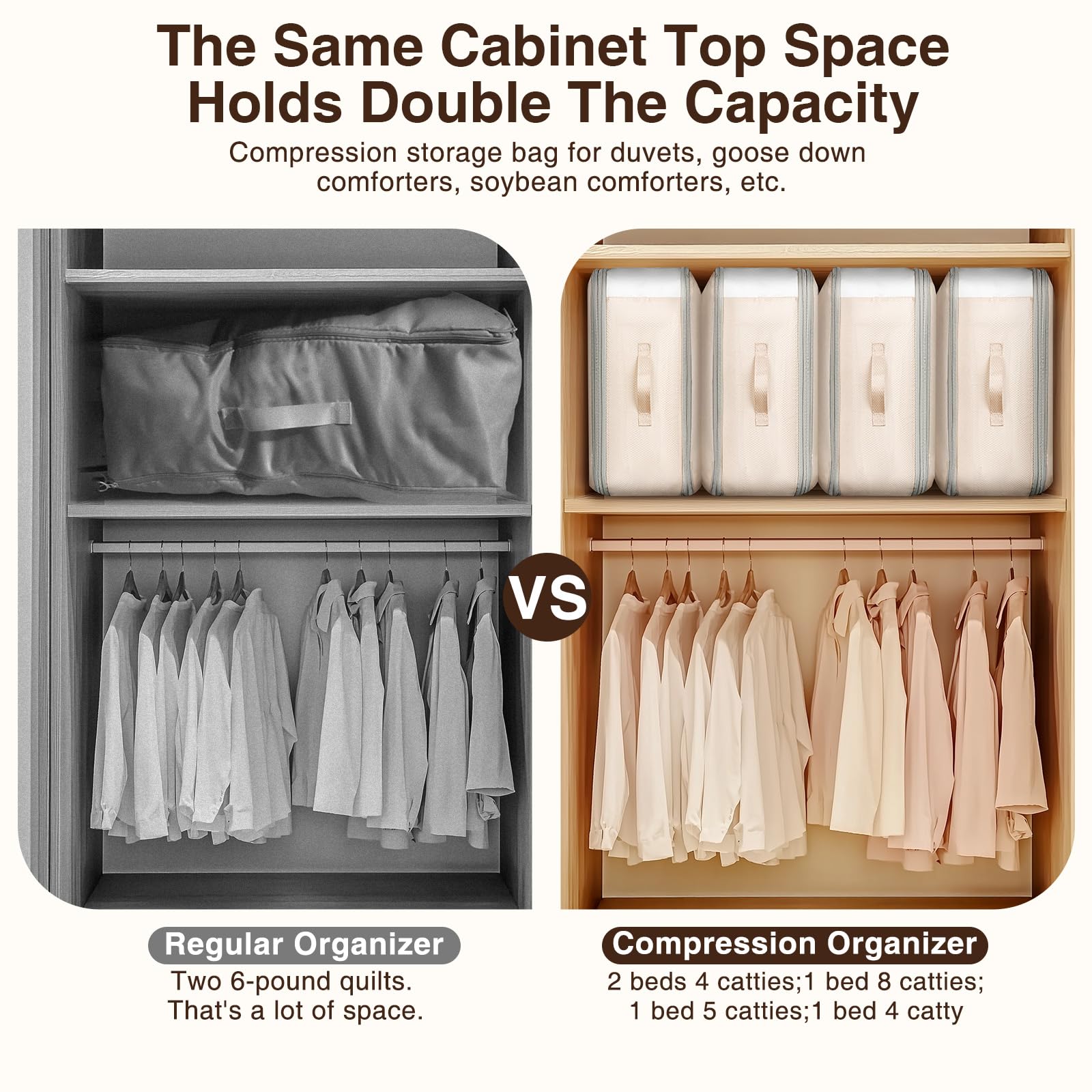 Homsorout Lot de 6 sacs de rangement à compression – Sac de rangement de grande capacité de 110 L, 3 couches, lavables, ultra économiseur d'espace, sacs pour couvertures, pulls, draps, beige