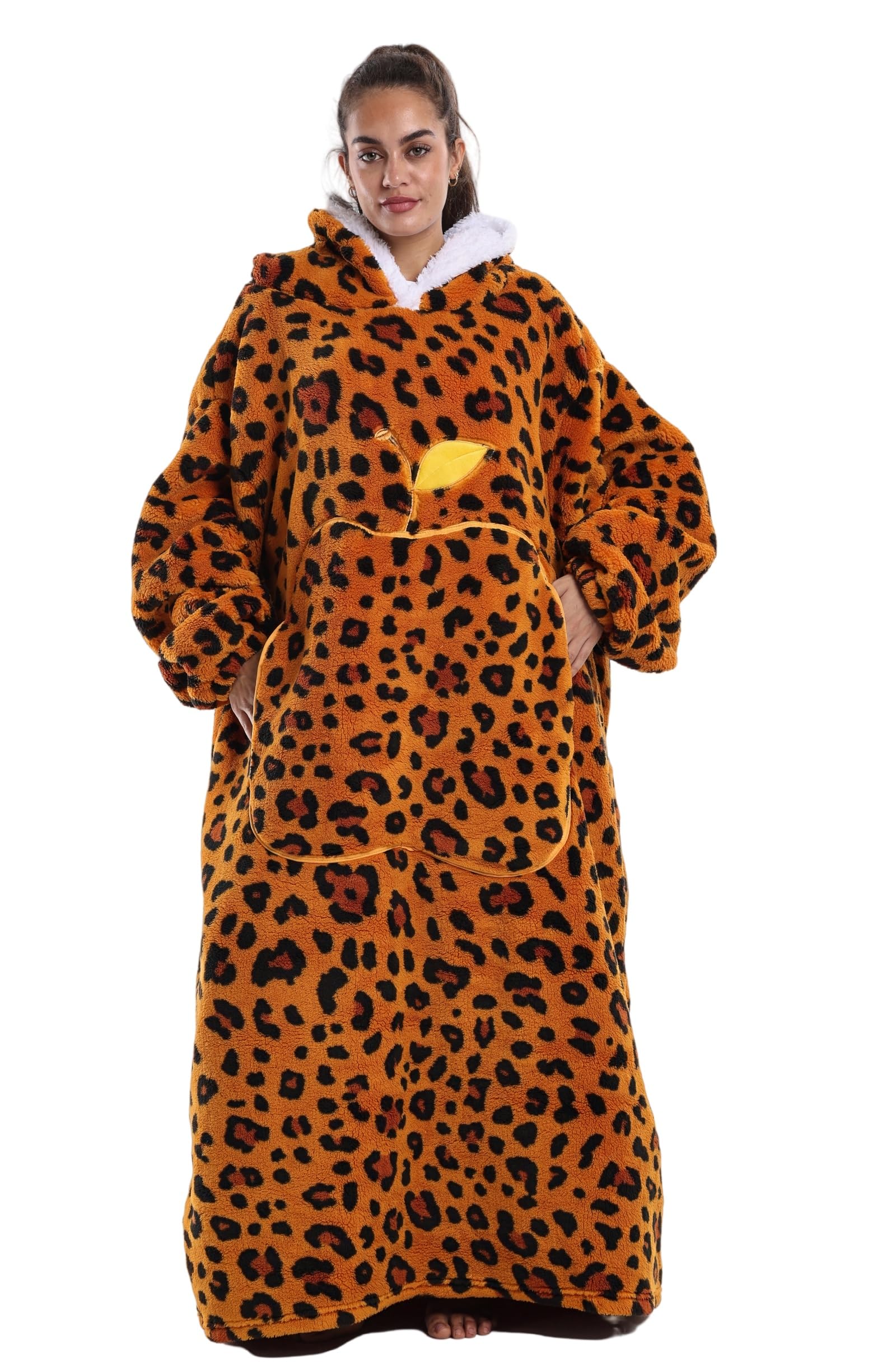 Pterygoid Extra Long Oversized Blanket Hoodie,Hooded Wearable Blanket with Sleeves for Women and Men,Soft Fleece Giant Sweatshirt with Pocket Gift for Adult Teenager,Orange Leopard — image 1