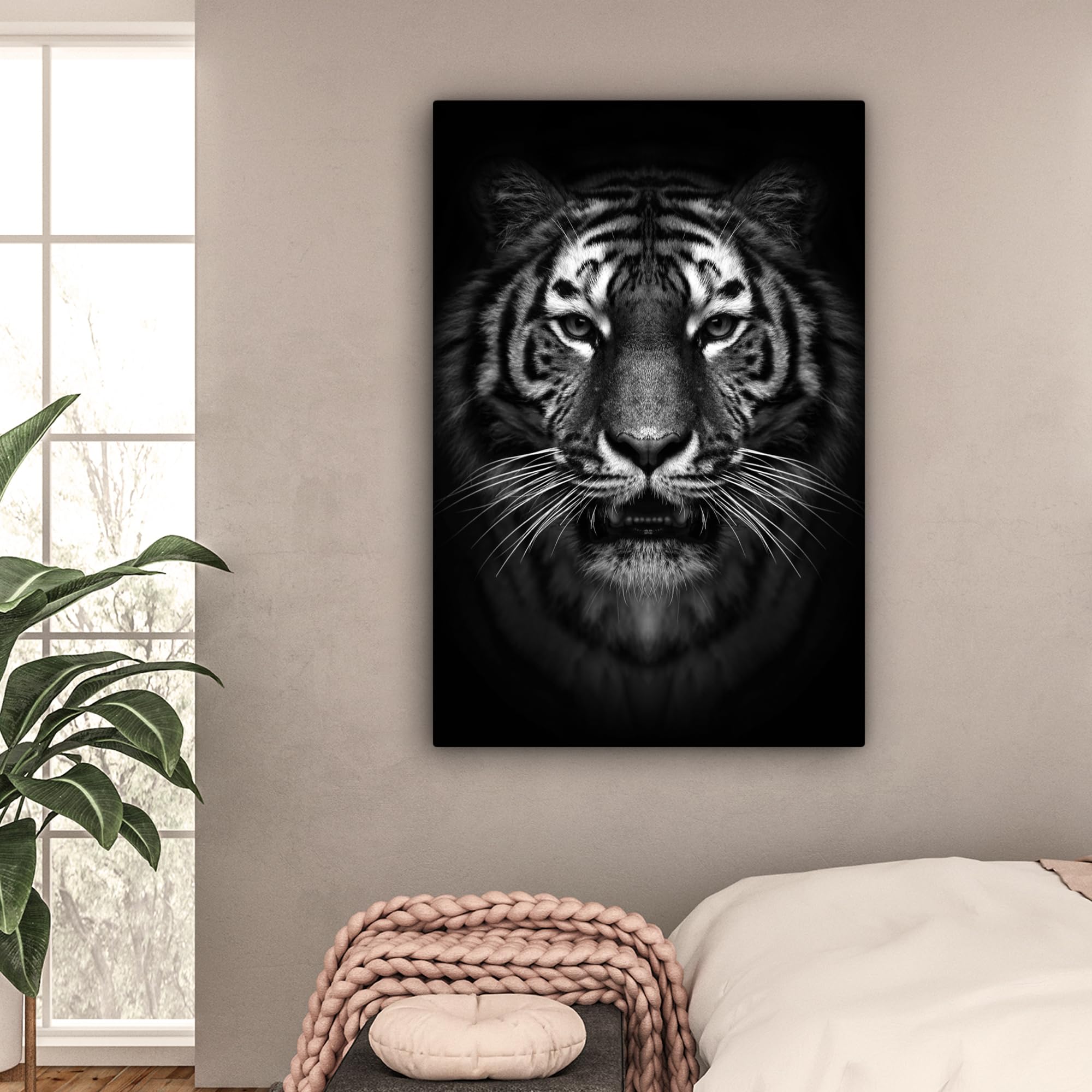 MuchoWow© Quadro su Tela Stampe da Parete Quadri Cucina Camera da Letto | 80x120 cm - Dipinto Arredamento Casa Tigre - Animali - Nero - Bianco - Ritratto - Animali selvatici