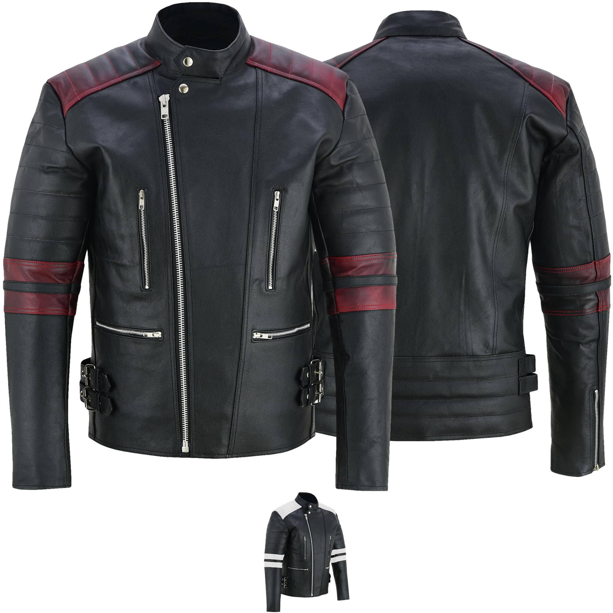 German Wear Leder Motorradjacke Oldschool Retro, Schwarz/Weiß